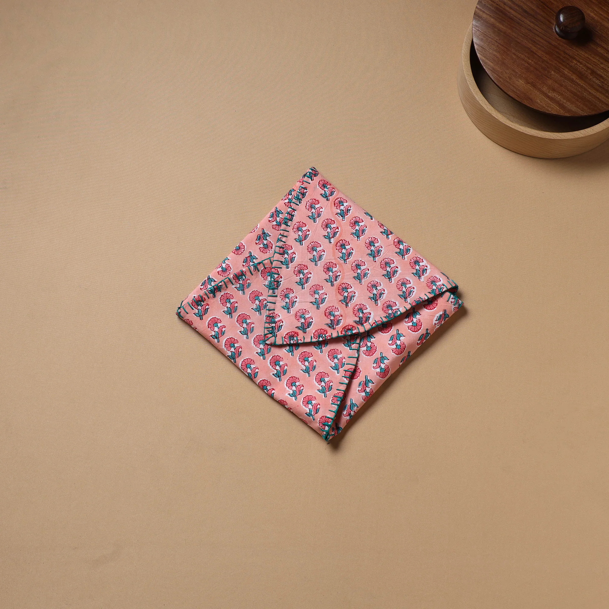 Pink - Hand Embroidered Floral Block Print Cotton Roti Napkin 15 - Image 3