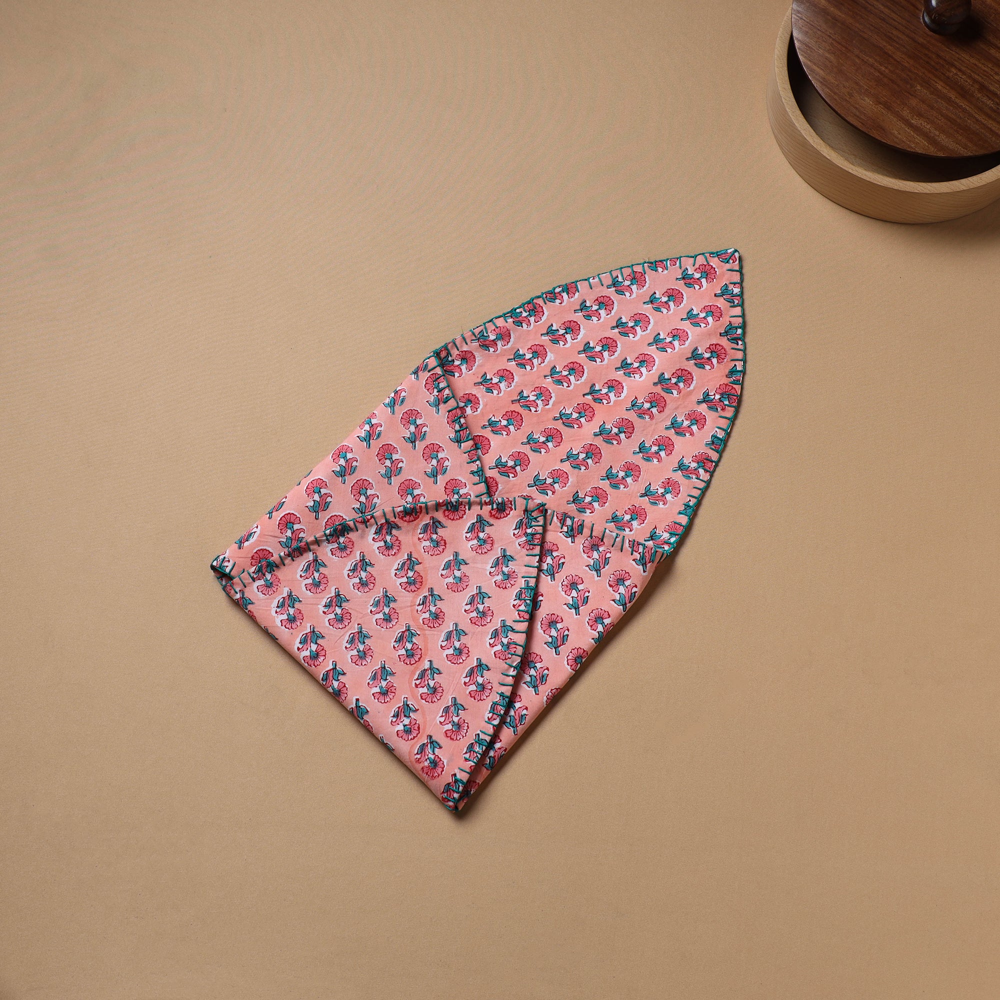Pink - Hand Embroidered Floral Block Print Cotton Roti Napkin 15 - Image 4