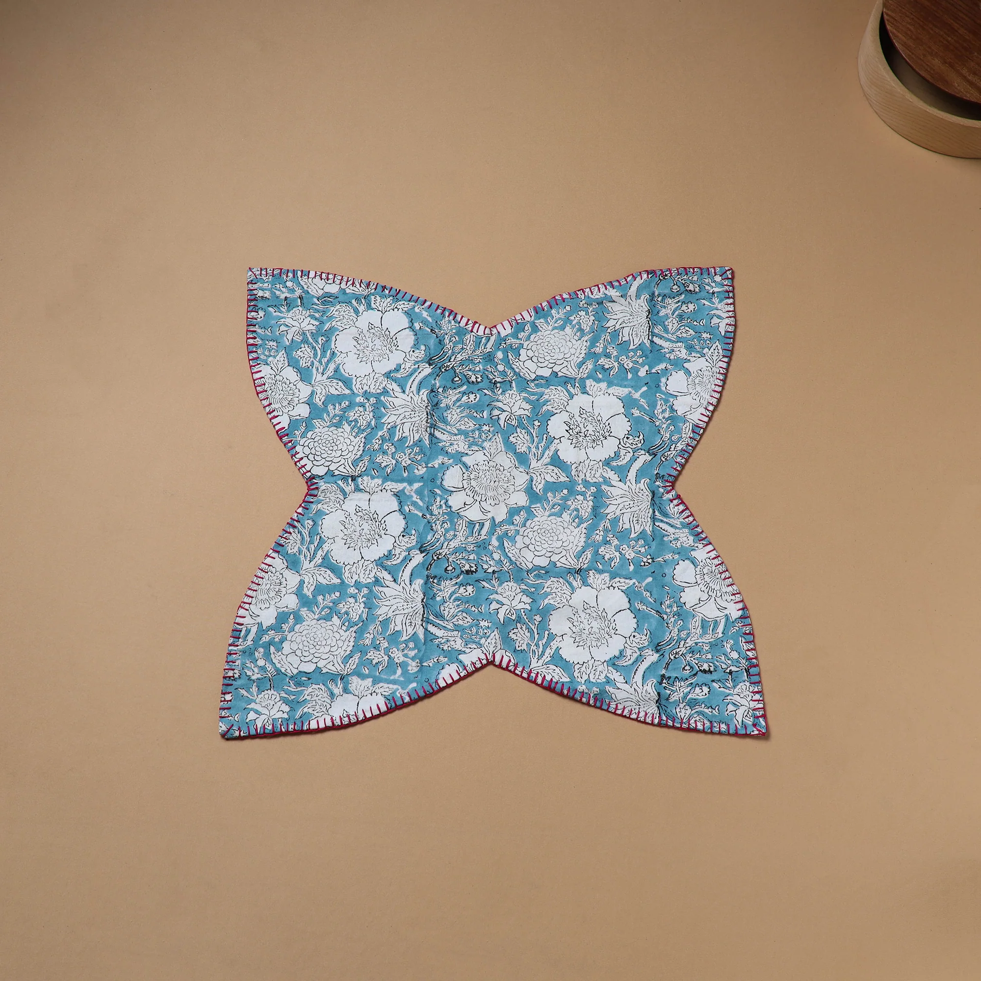 Blue - Hand Embroidered Floral Block Print Cotton Roti Napkin 16