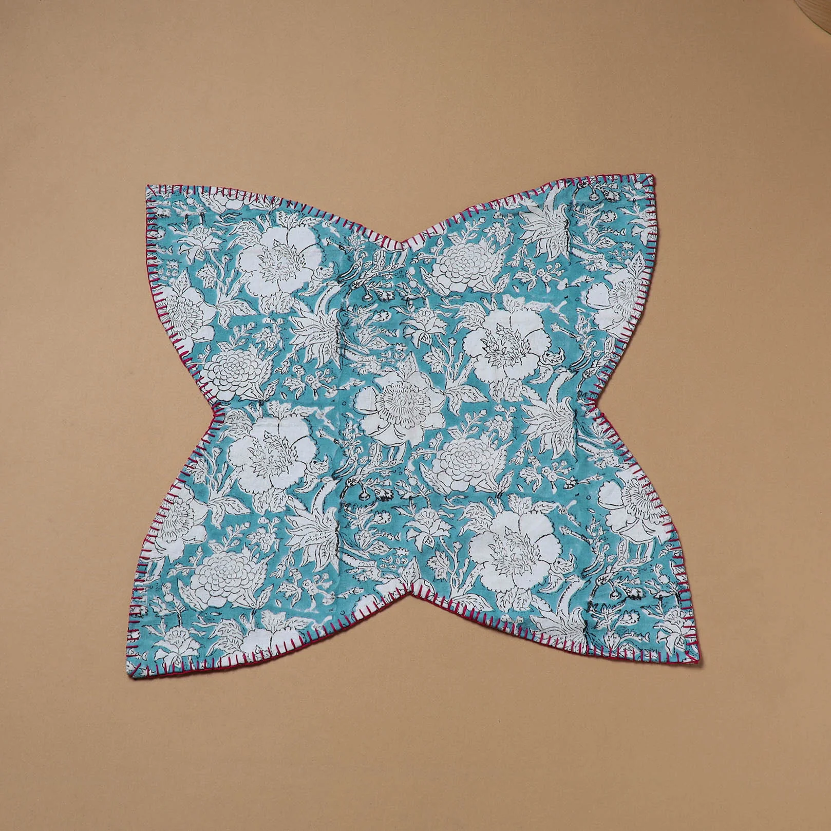 Blue - Hand Embroidered Floral Block Print Cotton Roti Napkin 16 - Image 2
