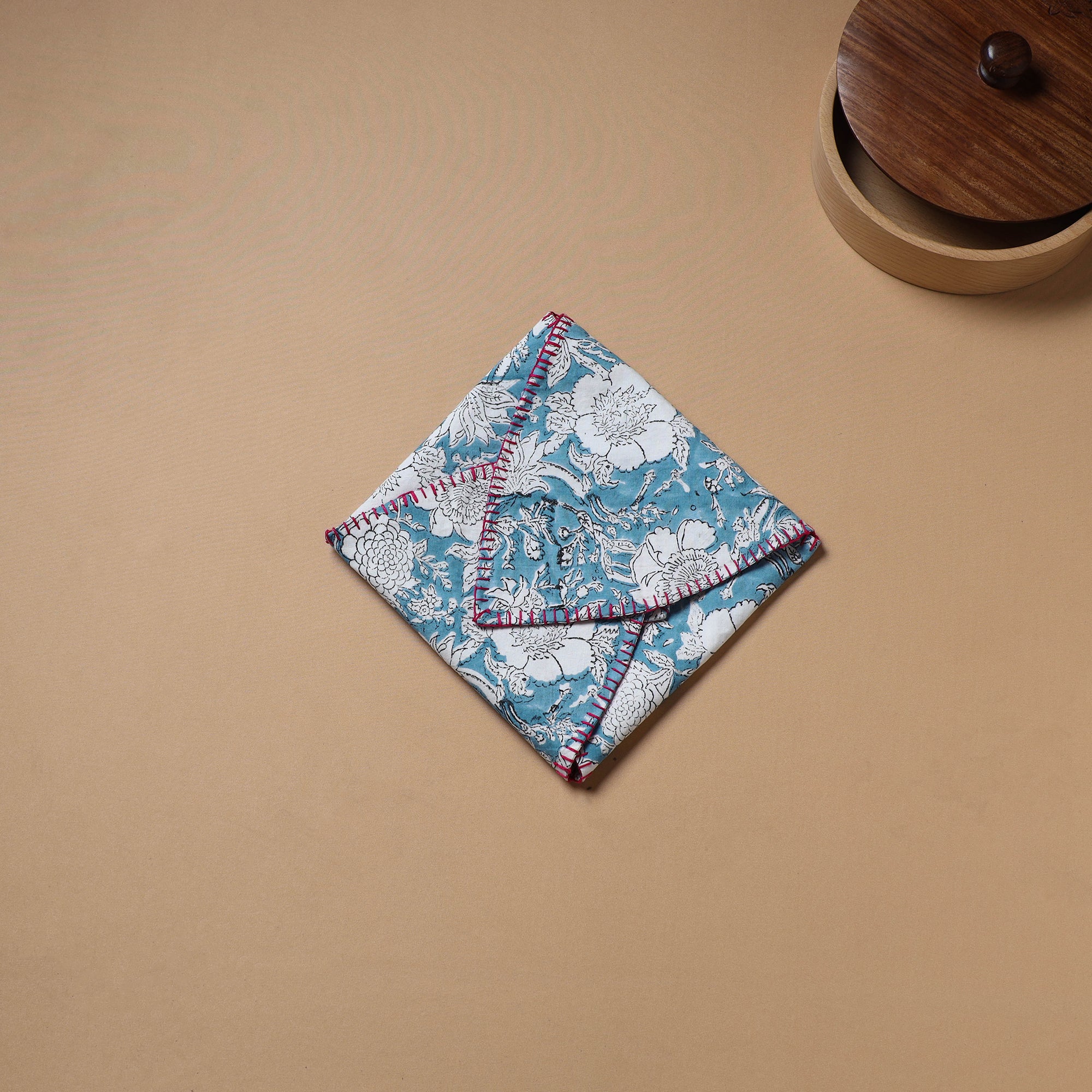 Blue - Hand Embroidered Floral Block Print Cotton Roti Napkin 16 - Image 3