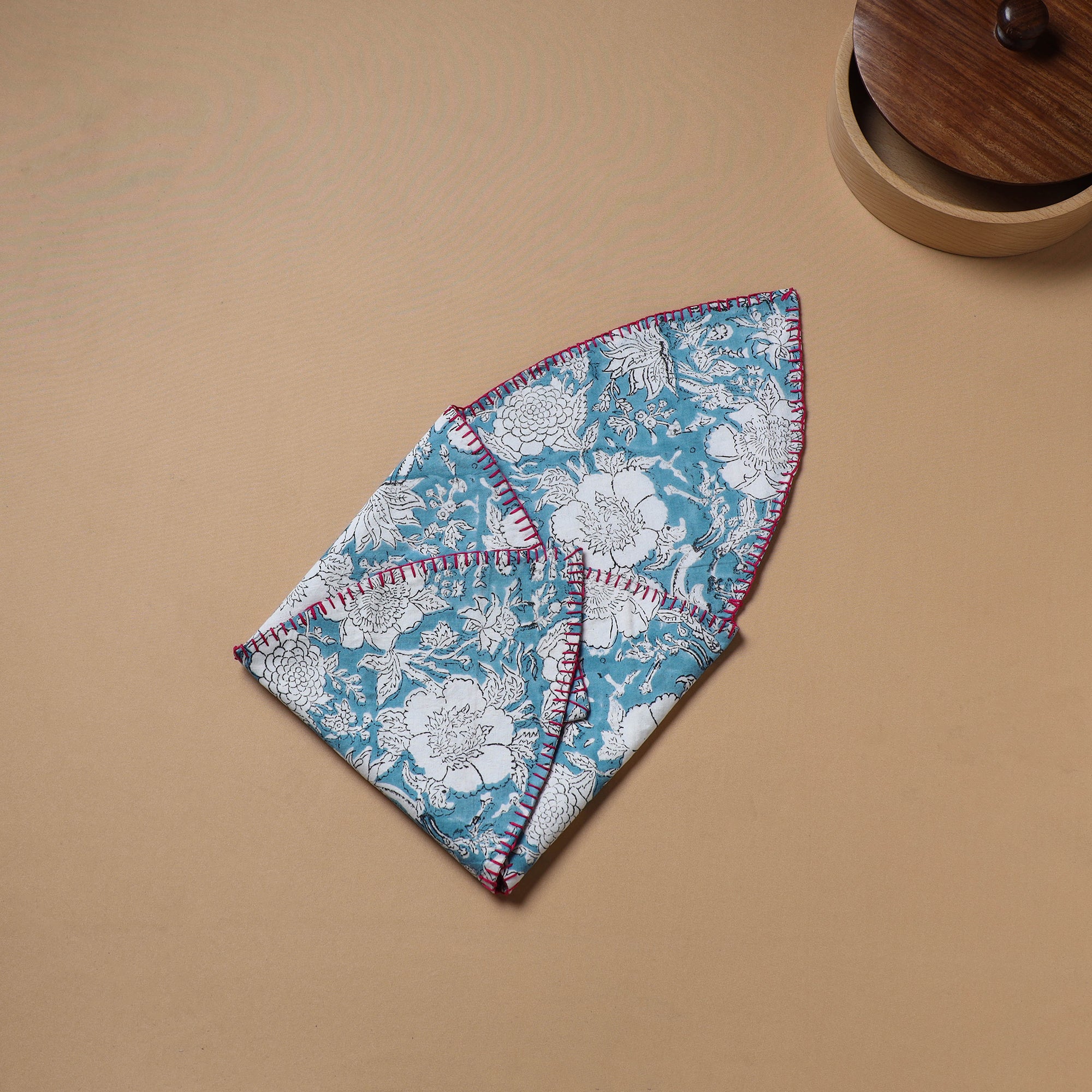 Blue - Hand Embroidered Floral Block Print Cotton Roti Napkin 16 - Image 4