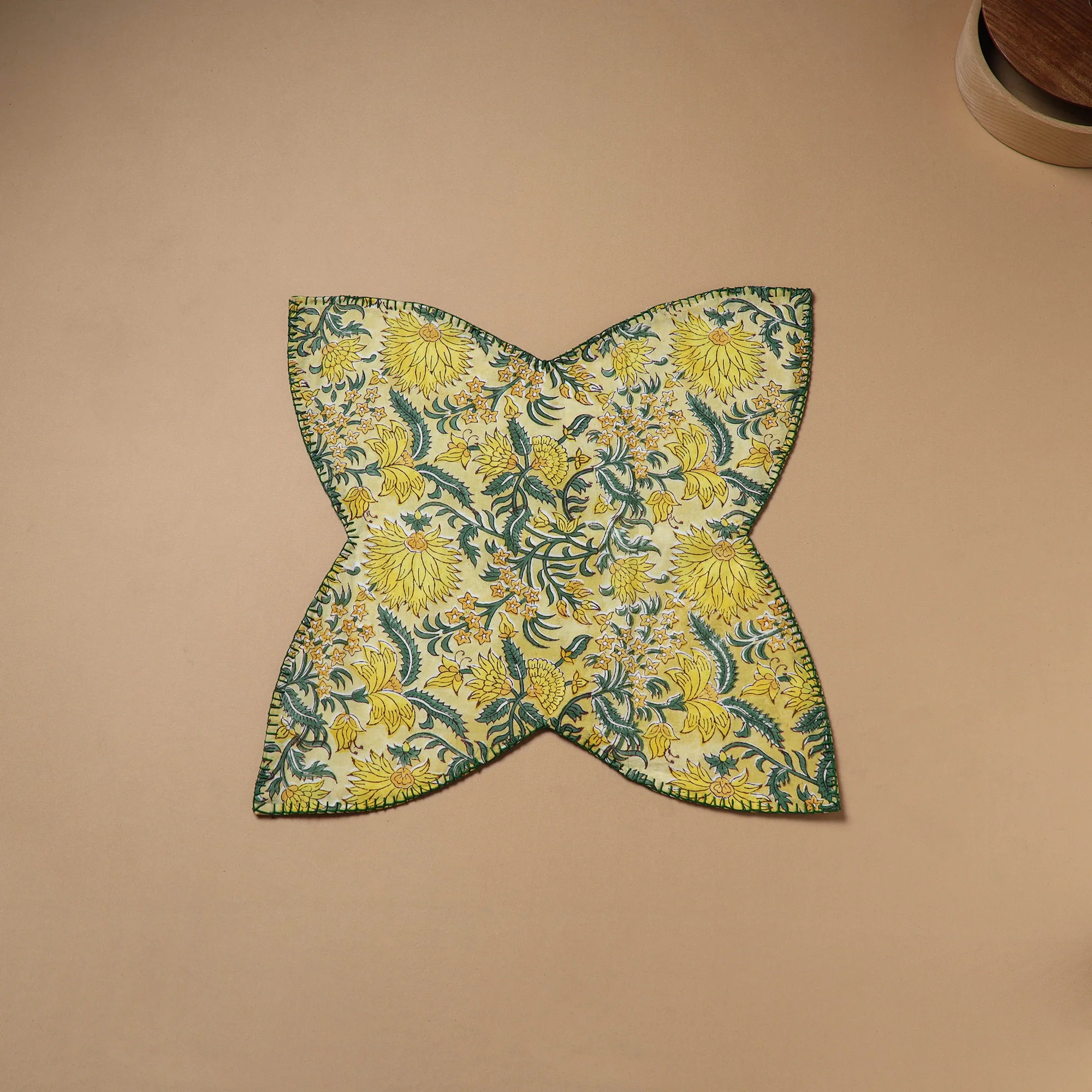 Yellow - Hand Embroidered Floral Block Print Cotton Roti Napkin 17