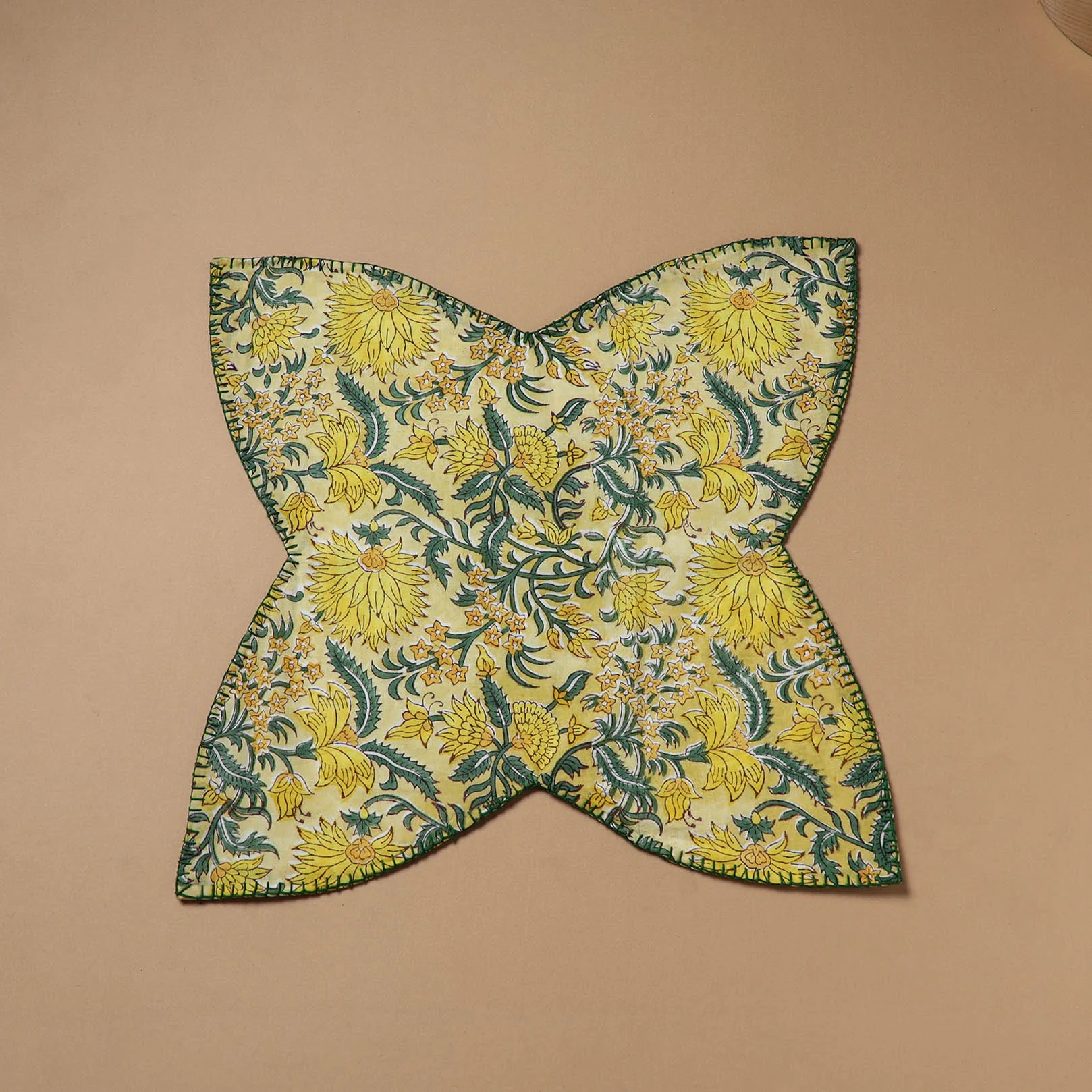 Yellow - Hand Embroidered Floral Block Print Cotton Roti Napkin 17 - Image 2
