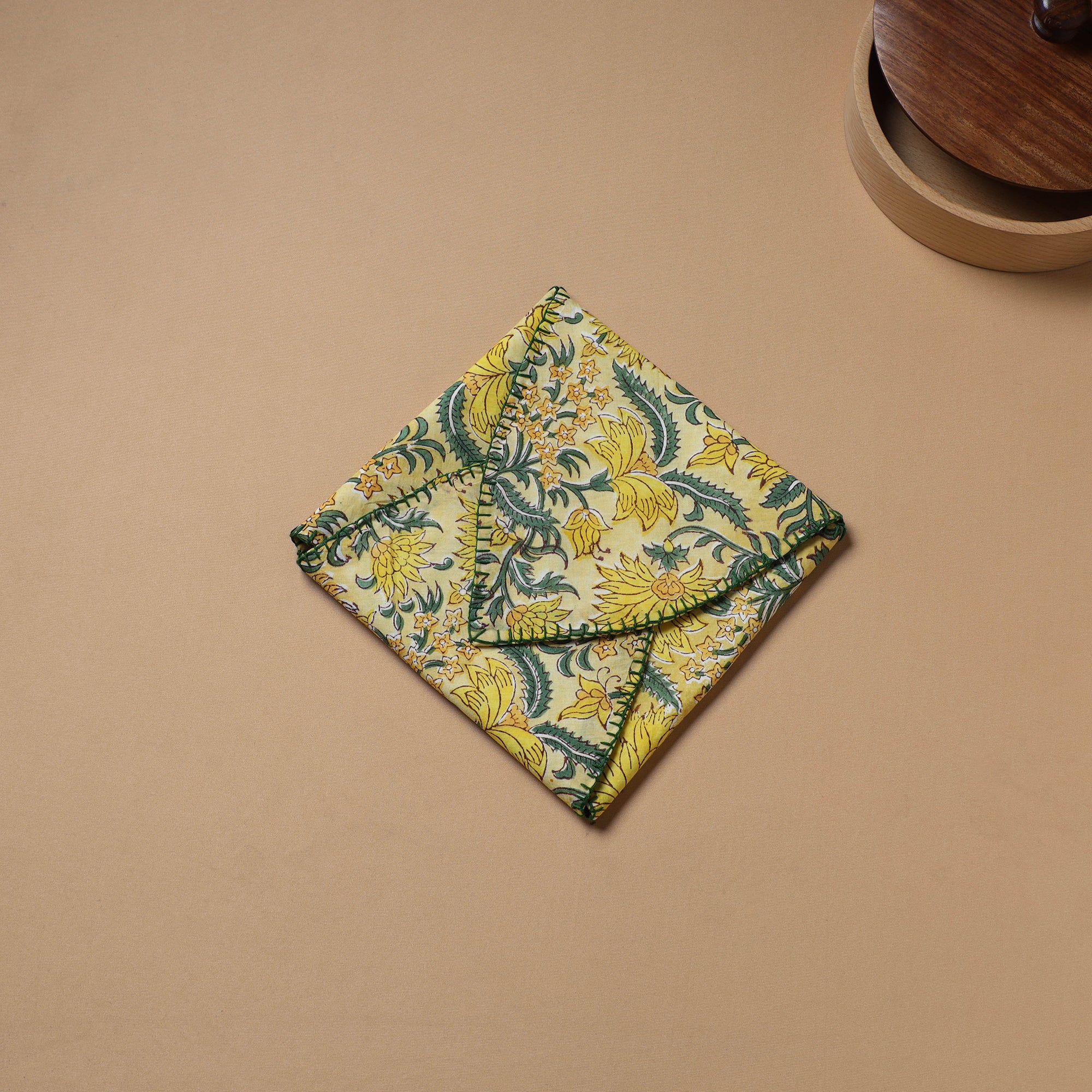 Yellow - Hand Embroidered Floral Block Print Cotton Roti Napkin 17 - Image 3