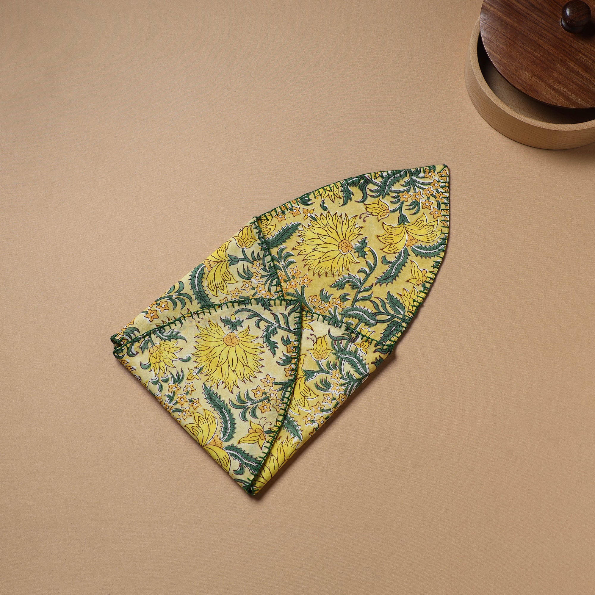 Yellow - Hand Embroidered Floral Block Print Cotton Roti Napkin 17 - Image 4