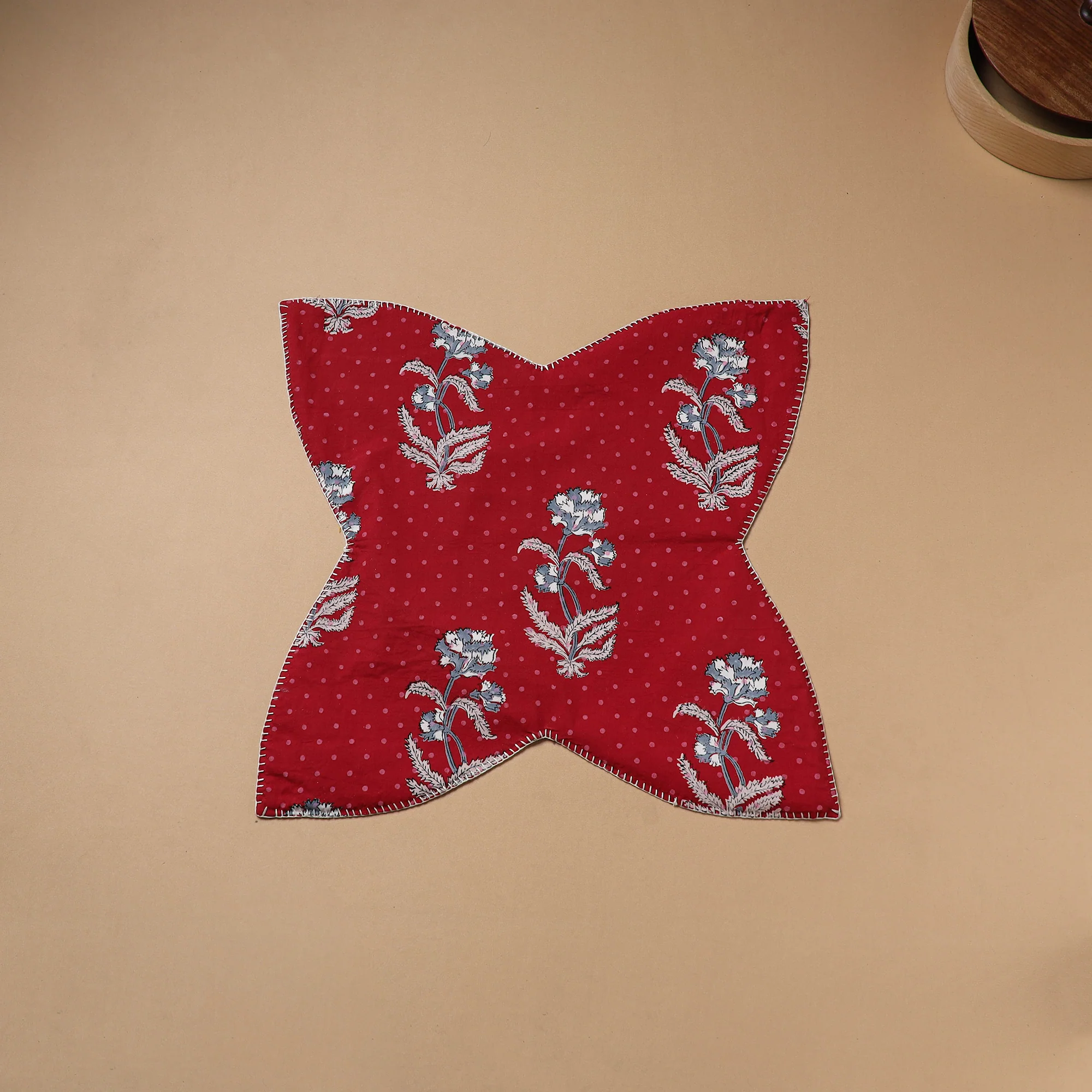 Red - Hand Embroidered Floral Block Print Cotton Roti Napkin 18