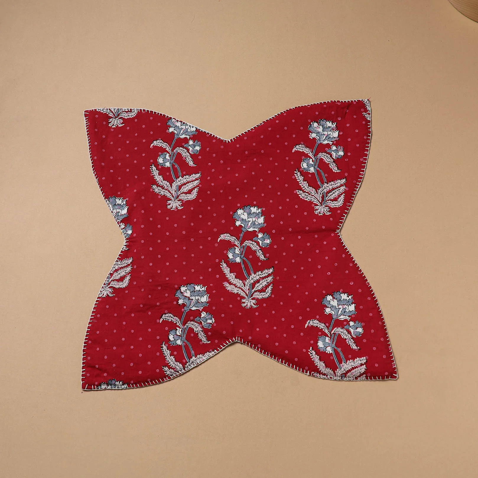 Red - Hand Embroidered Floral Block Print Cotton Roti Napkin 18 - Image 2