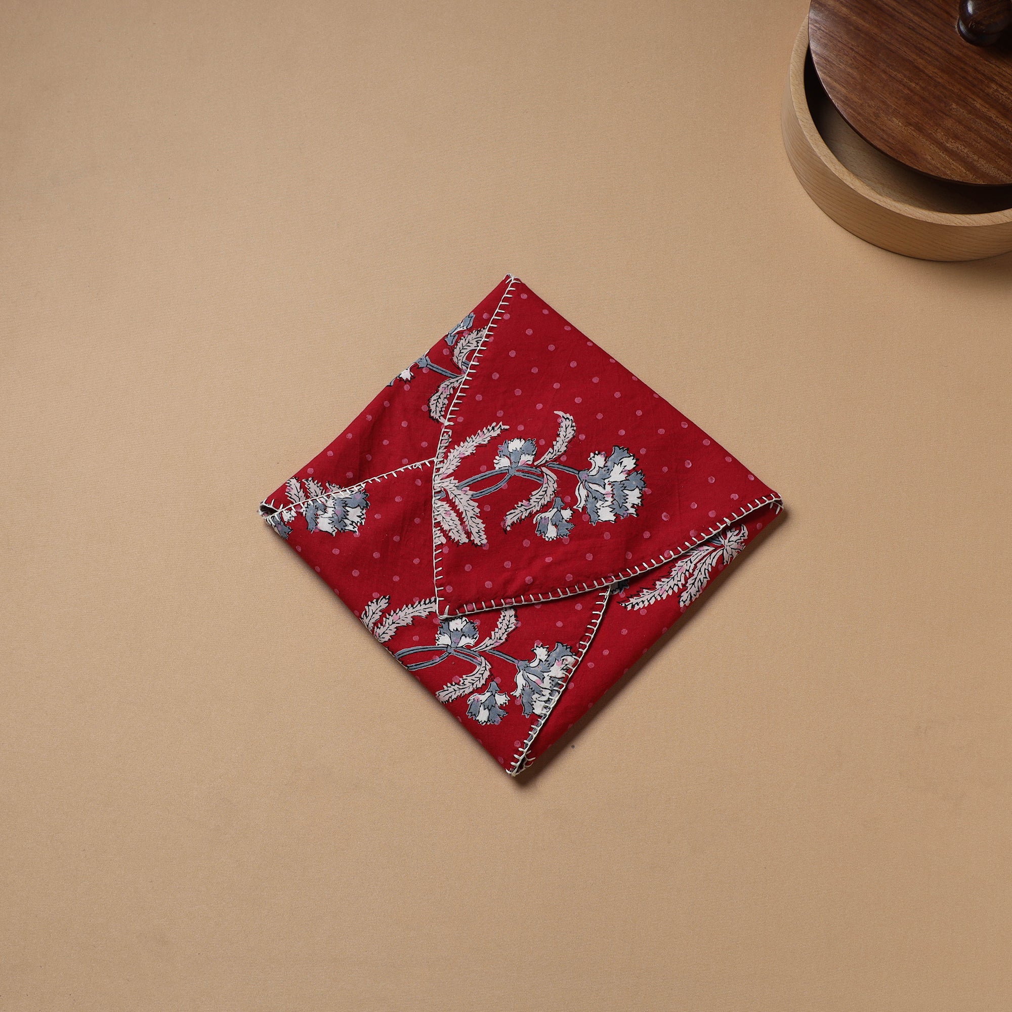 Red - Hand Embroidered Floral Block Print Cotton Roti Napkin 18 - Image 3