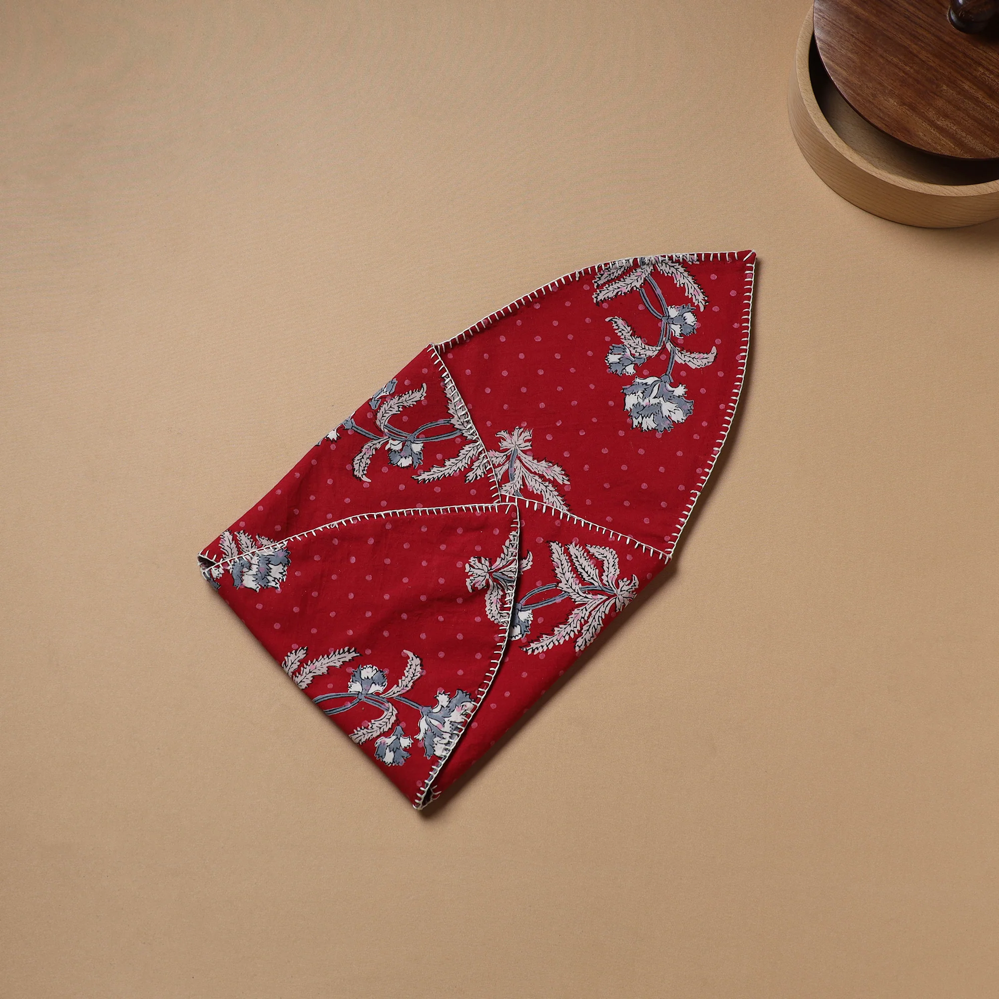 Red - Hand Embroidered Floral Block Print Cotton Roti Napkin 18 - Image 4