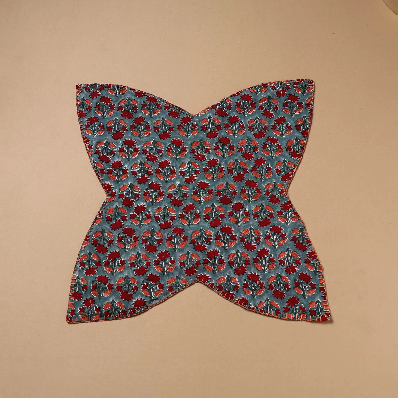 Red - Hand Embroidered Floral Block Print Cotton Roti Napkin 19 - Image 2