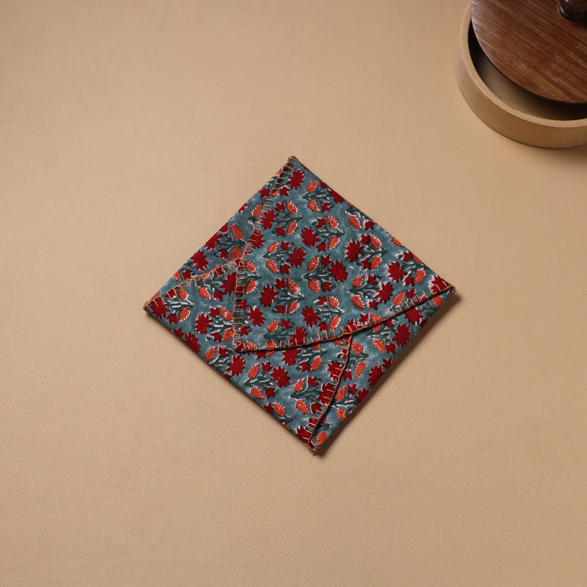 Red - Hand Embroidered Floral Block Print Cotton Roti Napkin 19 - Image 3