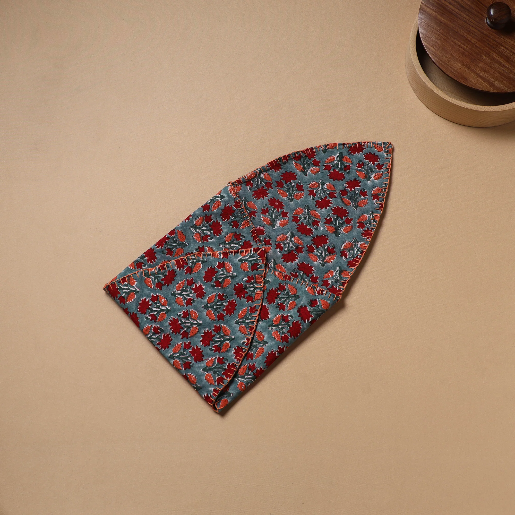 Red - Hand Embroidered Floral Block Print Cotton Roti Napkin 19 - Image 4