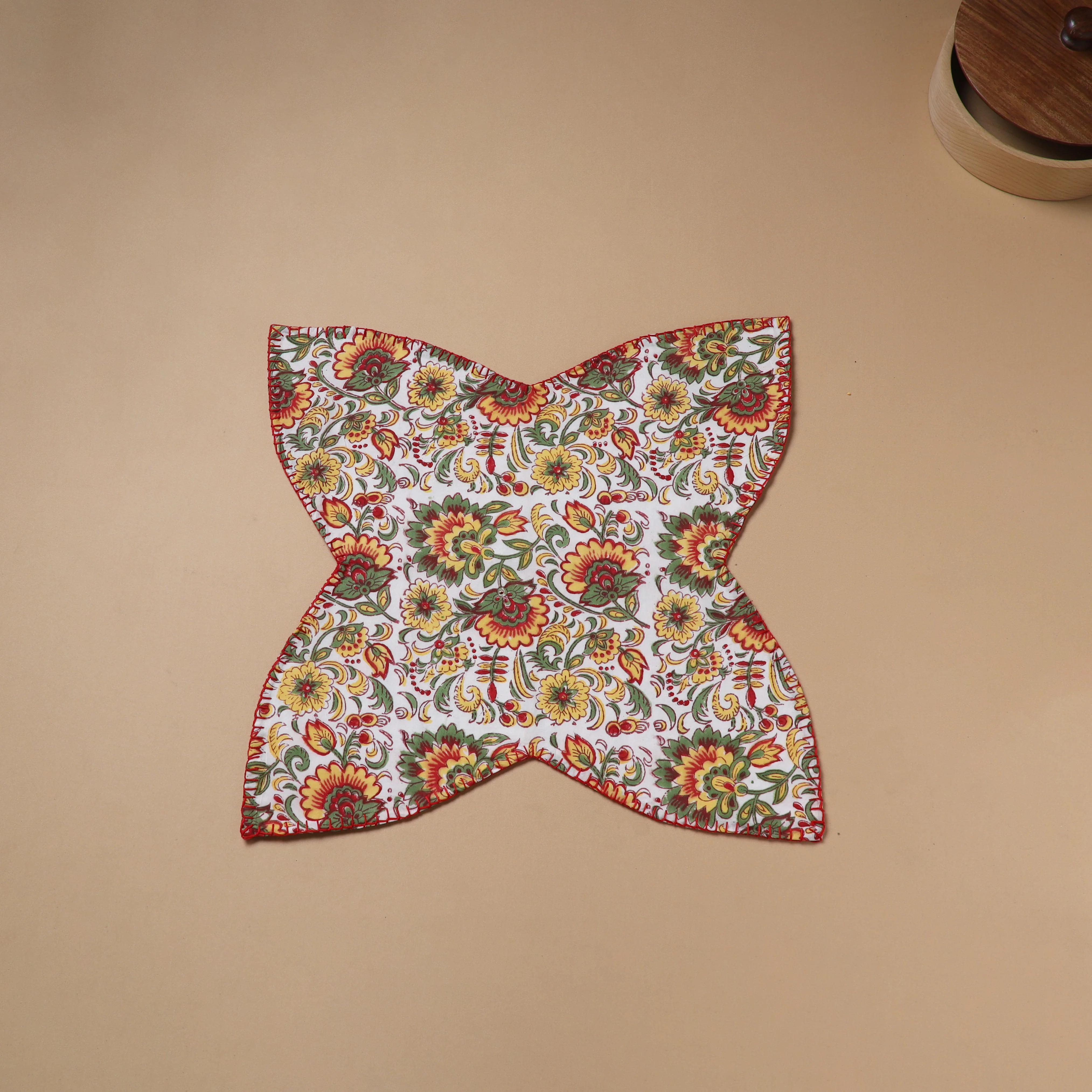 Multi clour - Hand Embroidered Floral Block Print Cotton Roti Napkin 20