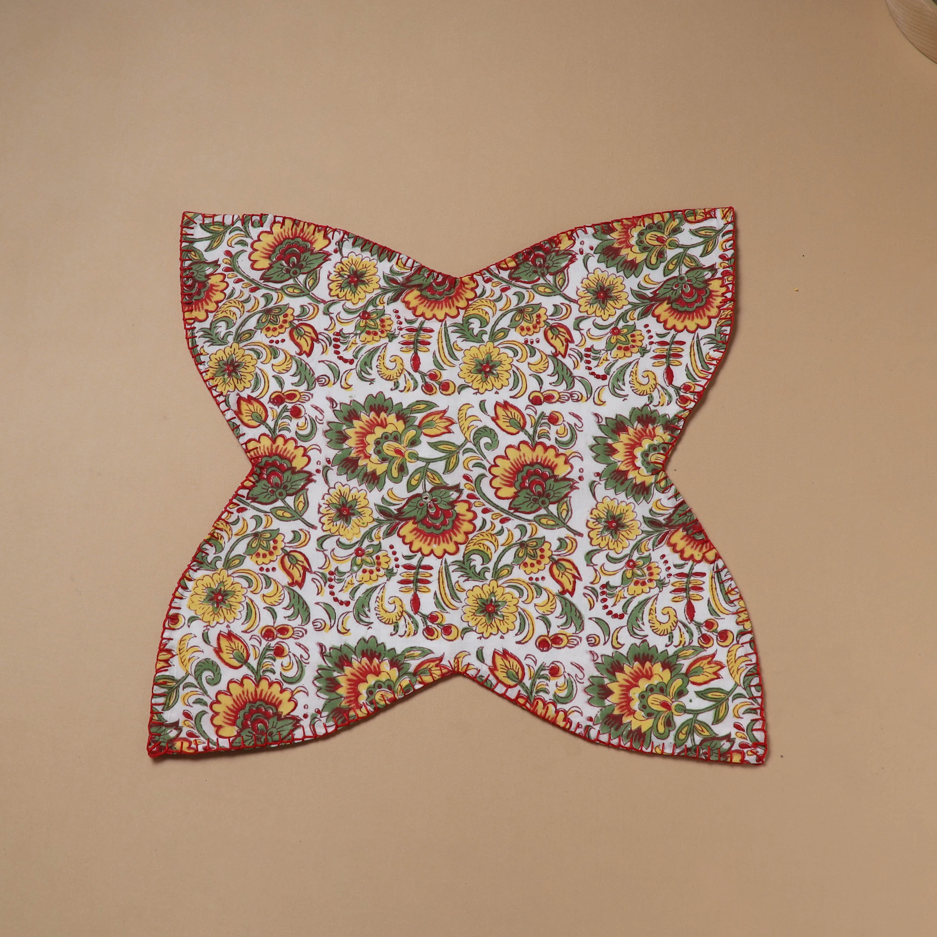 Multi clour - Hand Embroidered Floral Block Print Cotton Roti Napkin 20 - Image 2