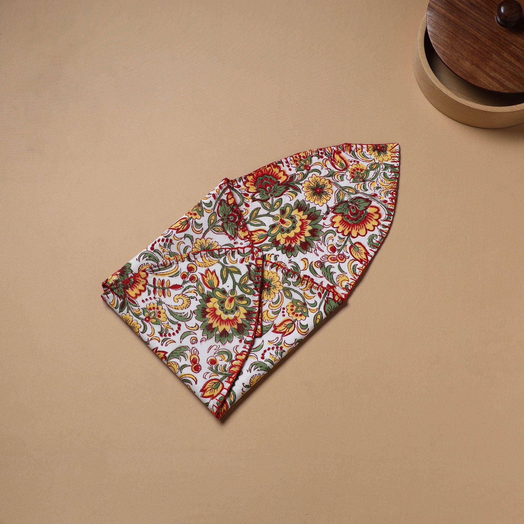 Multi clour - Hand Embroidered Floral Block Print Cotton Roti Napkin 20 - Image 4