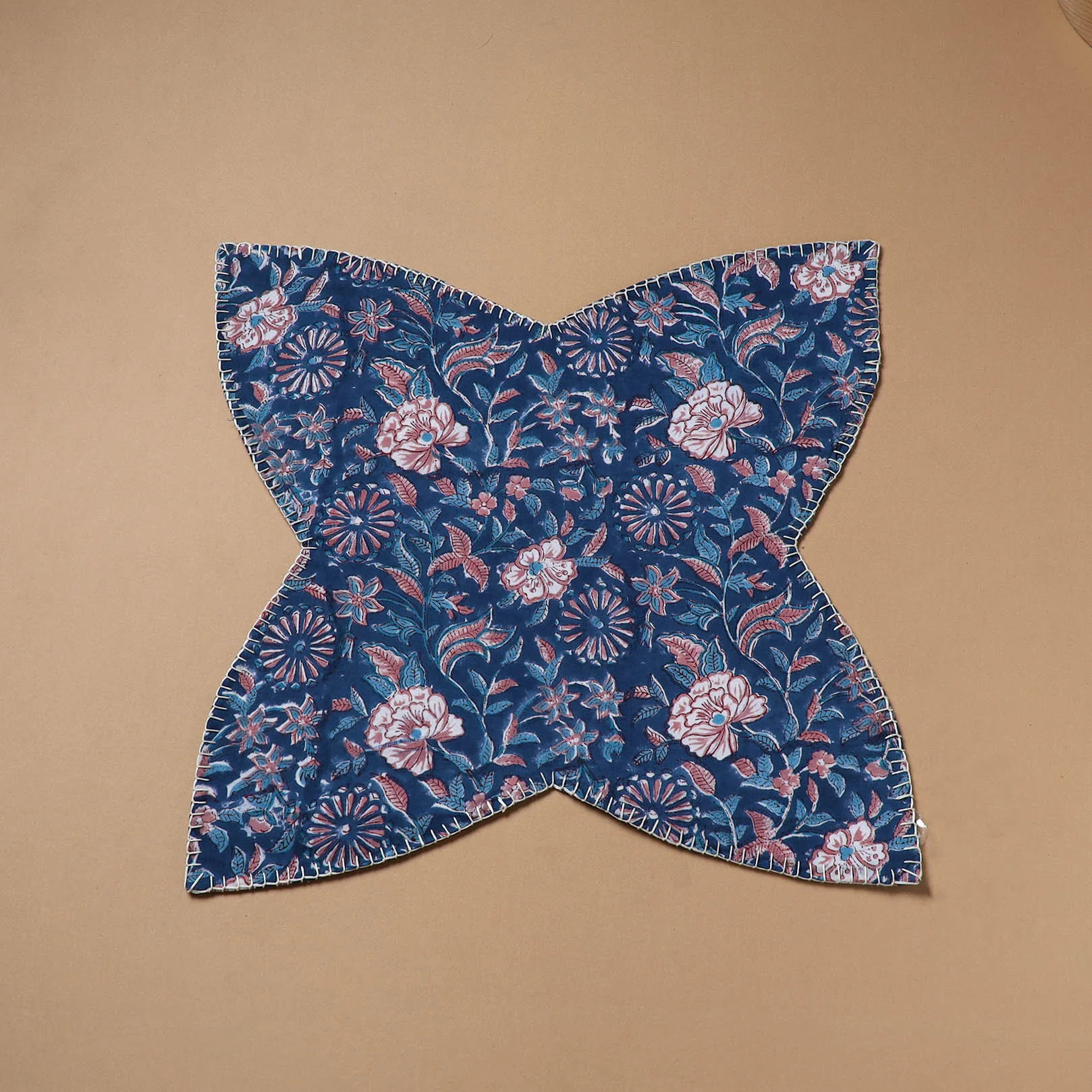 Blue - Hand Embroidered Floral Block Print Cotton Roti Napkin 21 - Image 2