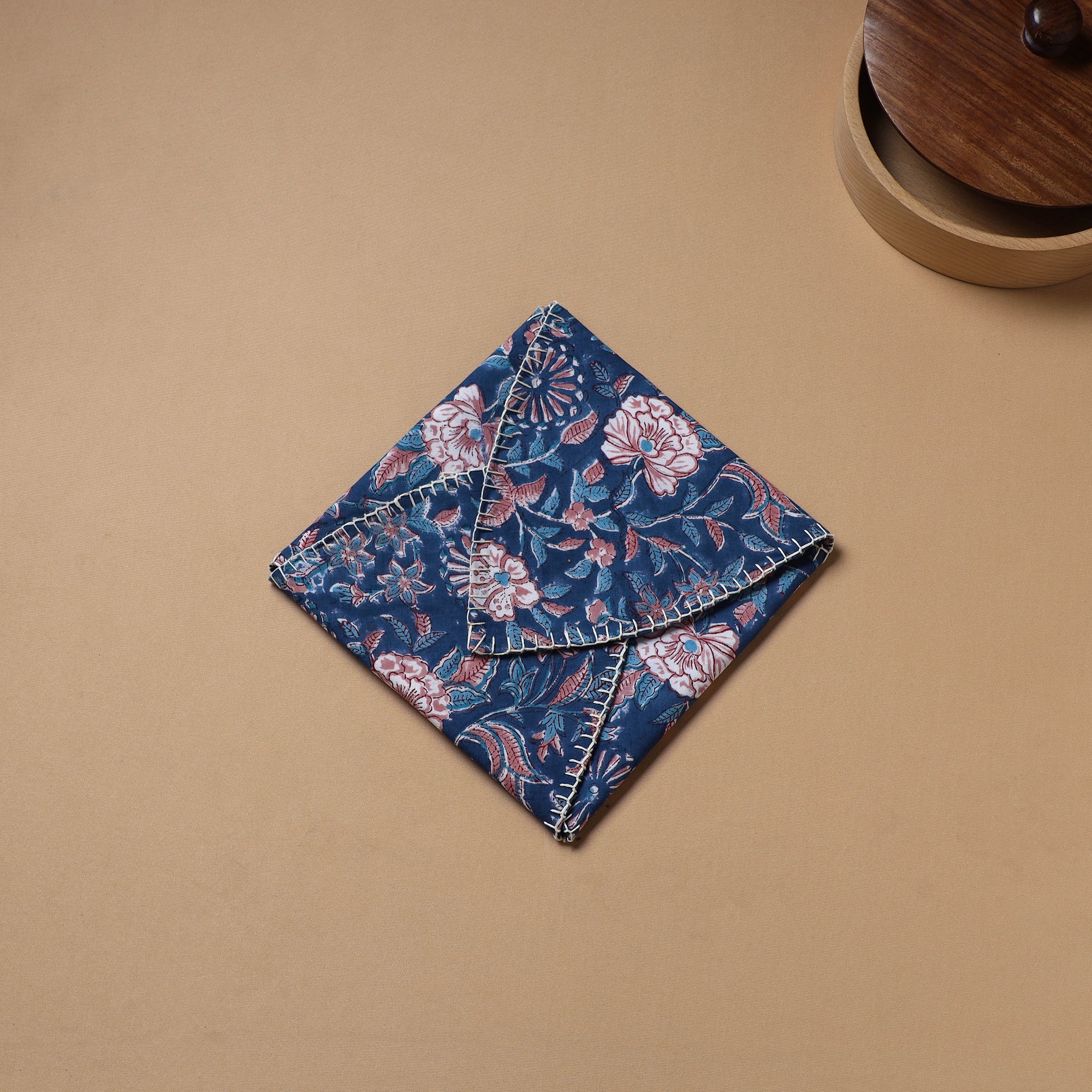 Blue - Hand Embroidered Floral Block Print Cotton Roti Napkin 21 - Image 3