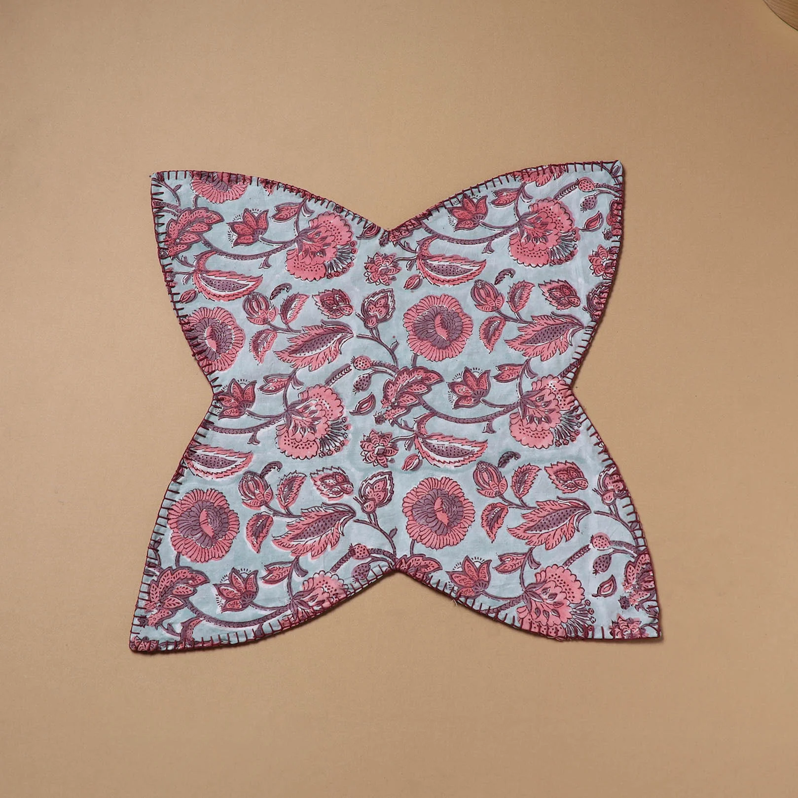 Mint - Hand Embroidered Floral Block Print Cotton Roti Napkin 22 - Image 2