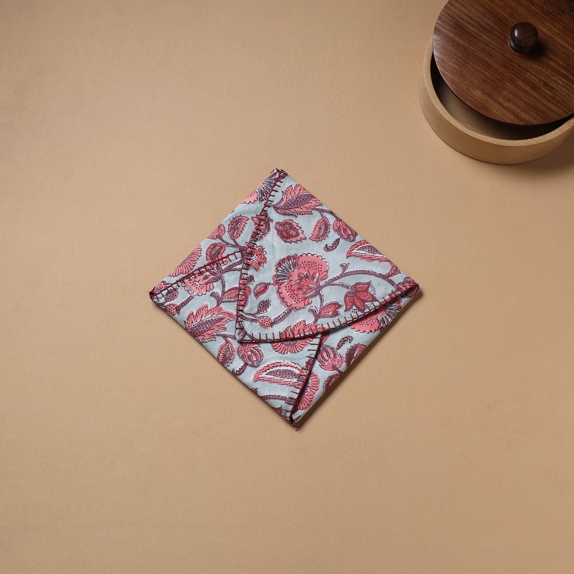 Mint - Hand Embroidered Floral Block Print Cotton Roti Napkin 22 - Image 3