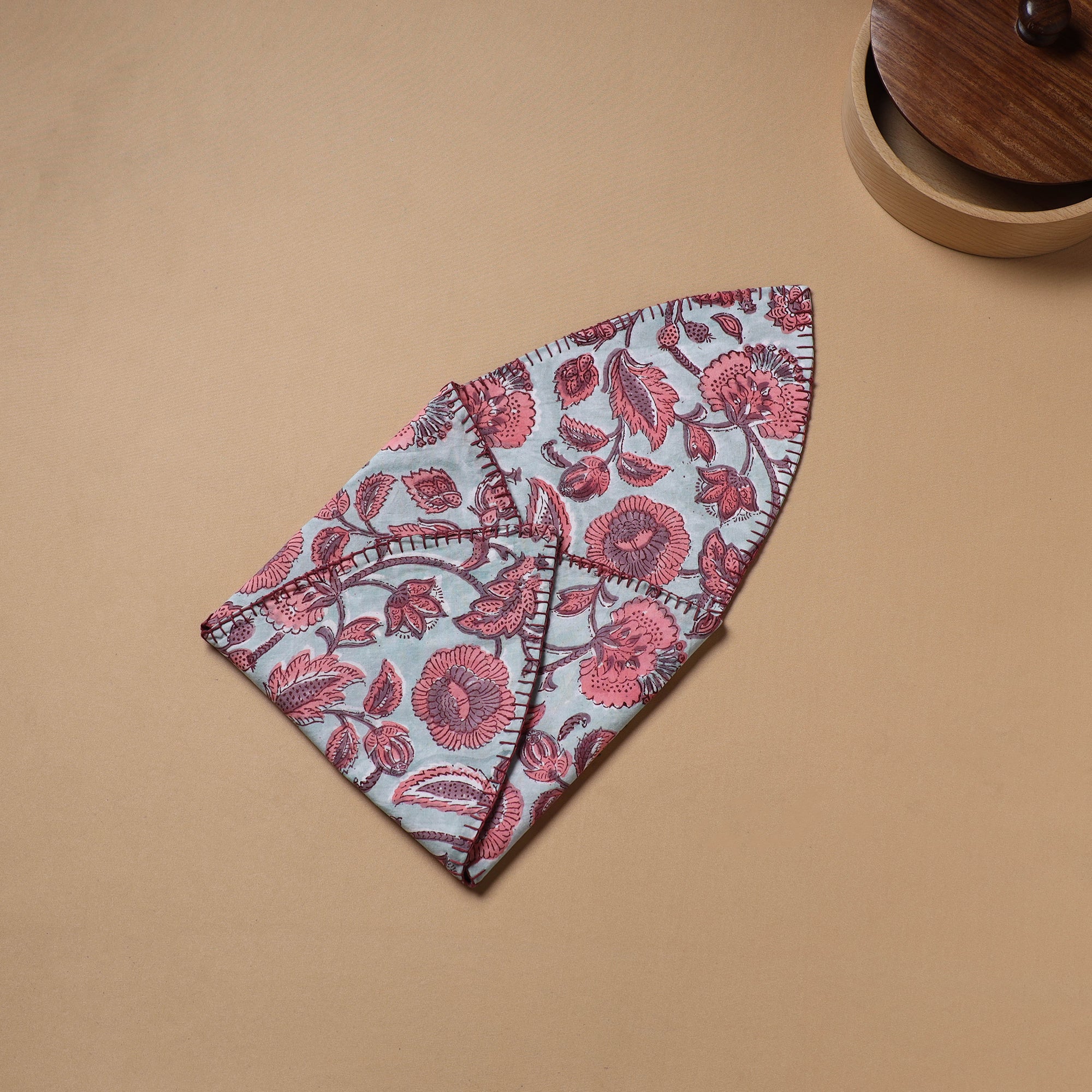 Mint - Hand Embroidered Floral Block Print Cotton Roti Napkin 22 - Image 4