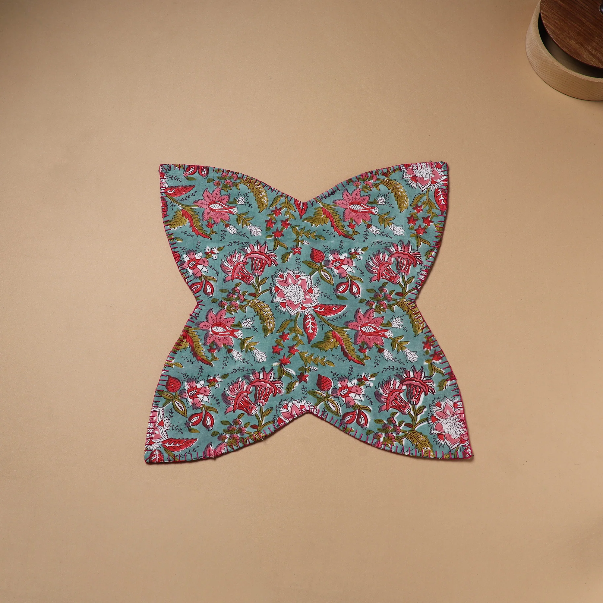 Multi colour - Hand Embroidered Floral Block Print Cotton Roti Napkin 23
