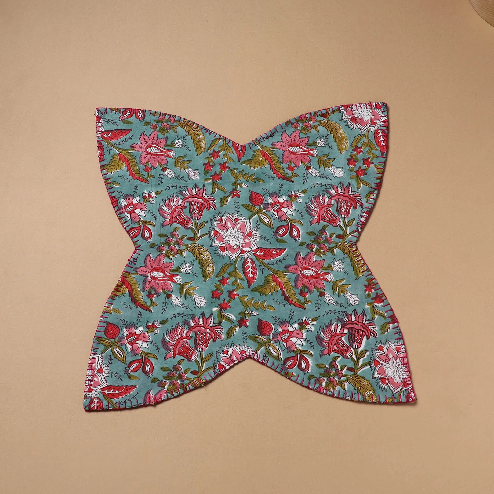 Multi colour - Hand Embroidered Floral Block Print Cotton Roti Napkin 23 - Image 2