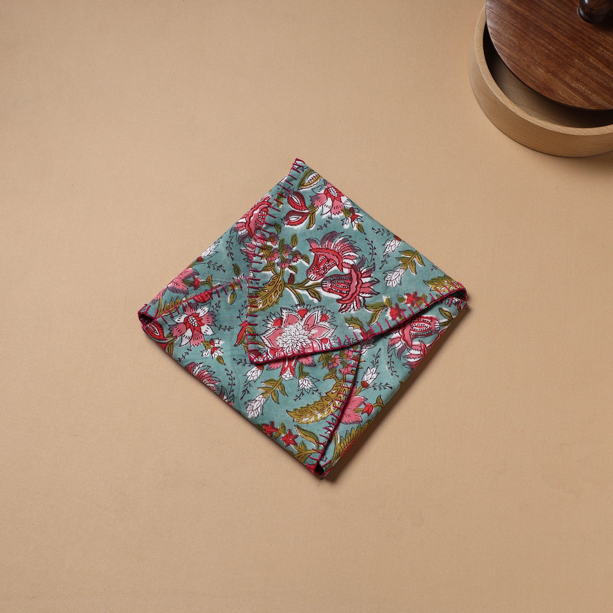 Multi colour - Hand Embroidered Floral Block Print Cotton Roti Napkin 23 - Image 3