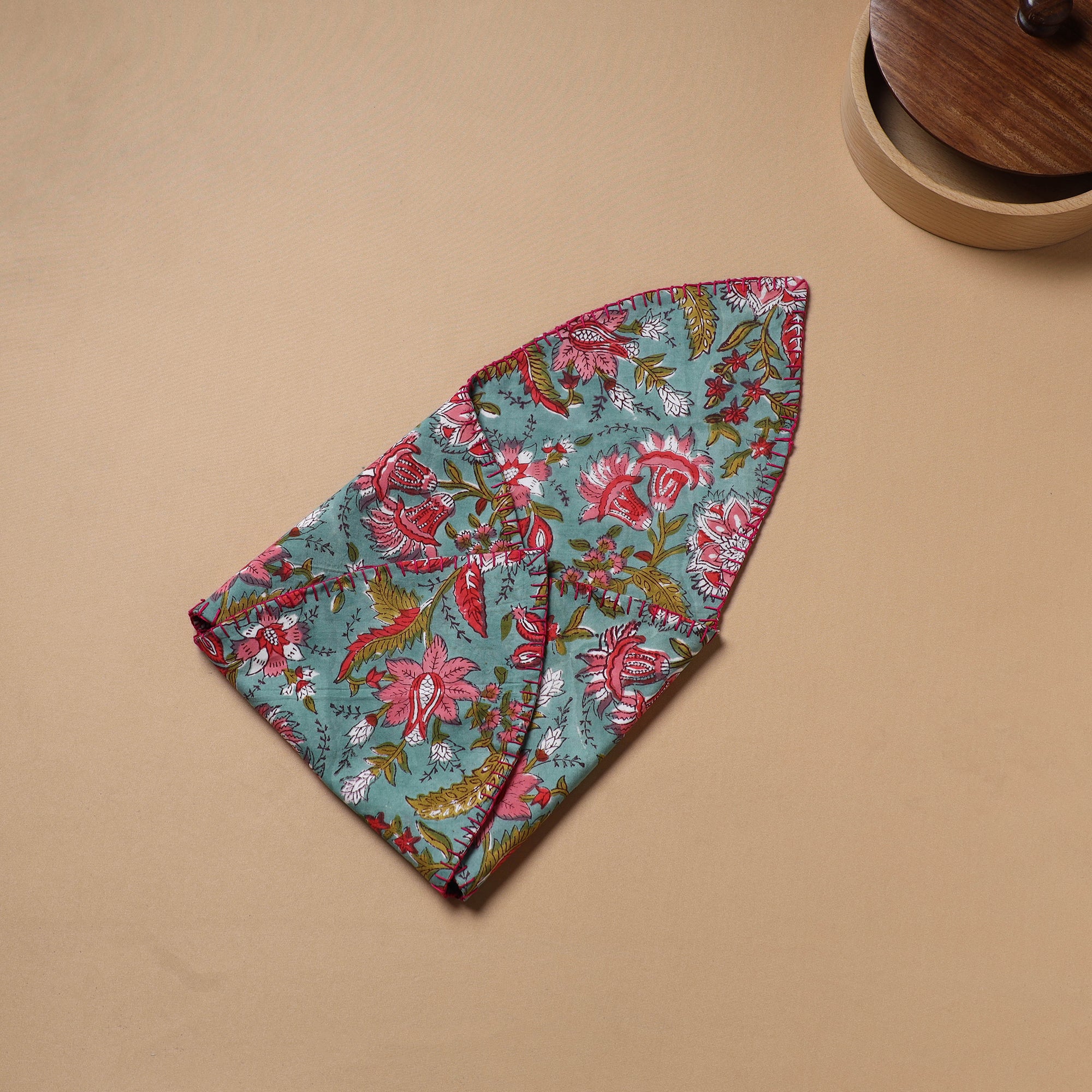 Multi colour - Hand Embroidered Floral Block Print Cotton Roti Napkin 23 - Image 4