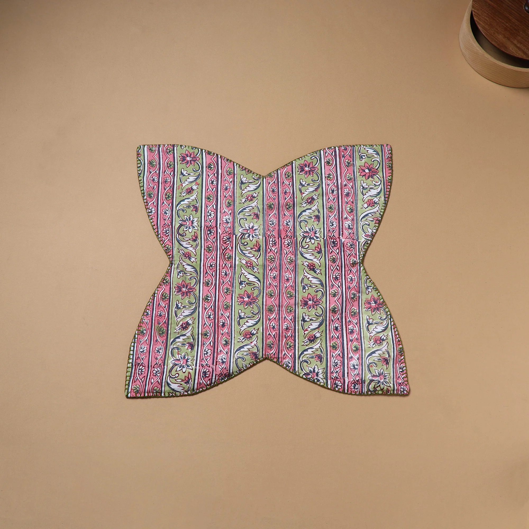 Pink - Hand Embroidered Floral Block Print Cotton Roti Napkin 24