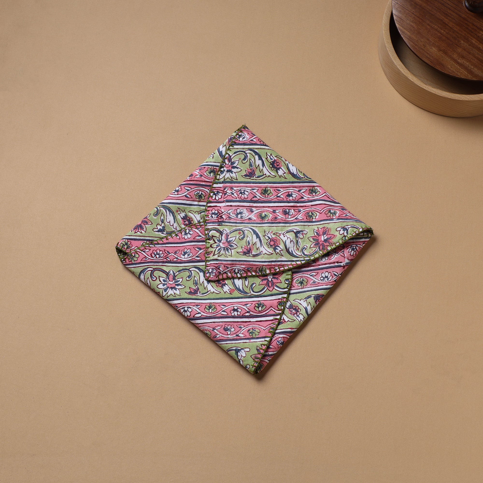 Pink - Hand Embroidered Floral Block Print Cotton Roti Napkin 24 - Image 3