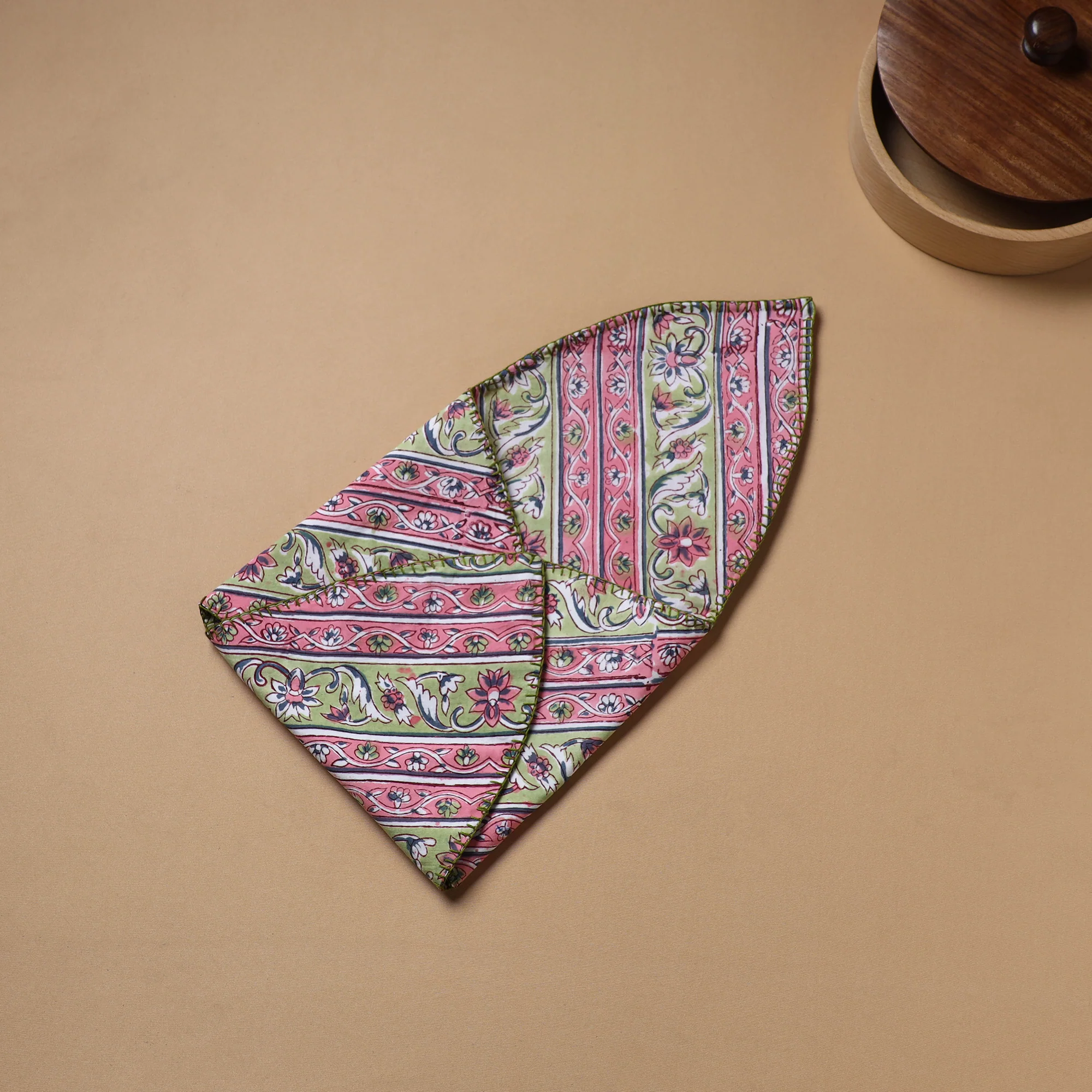 Pink - Hand Embroidered Floral Block Print Cotton Roti Napkin 24 - Image 4