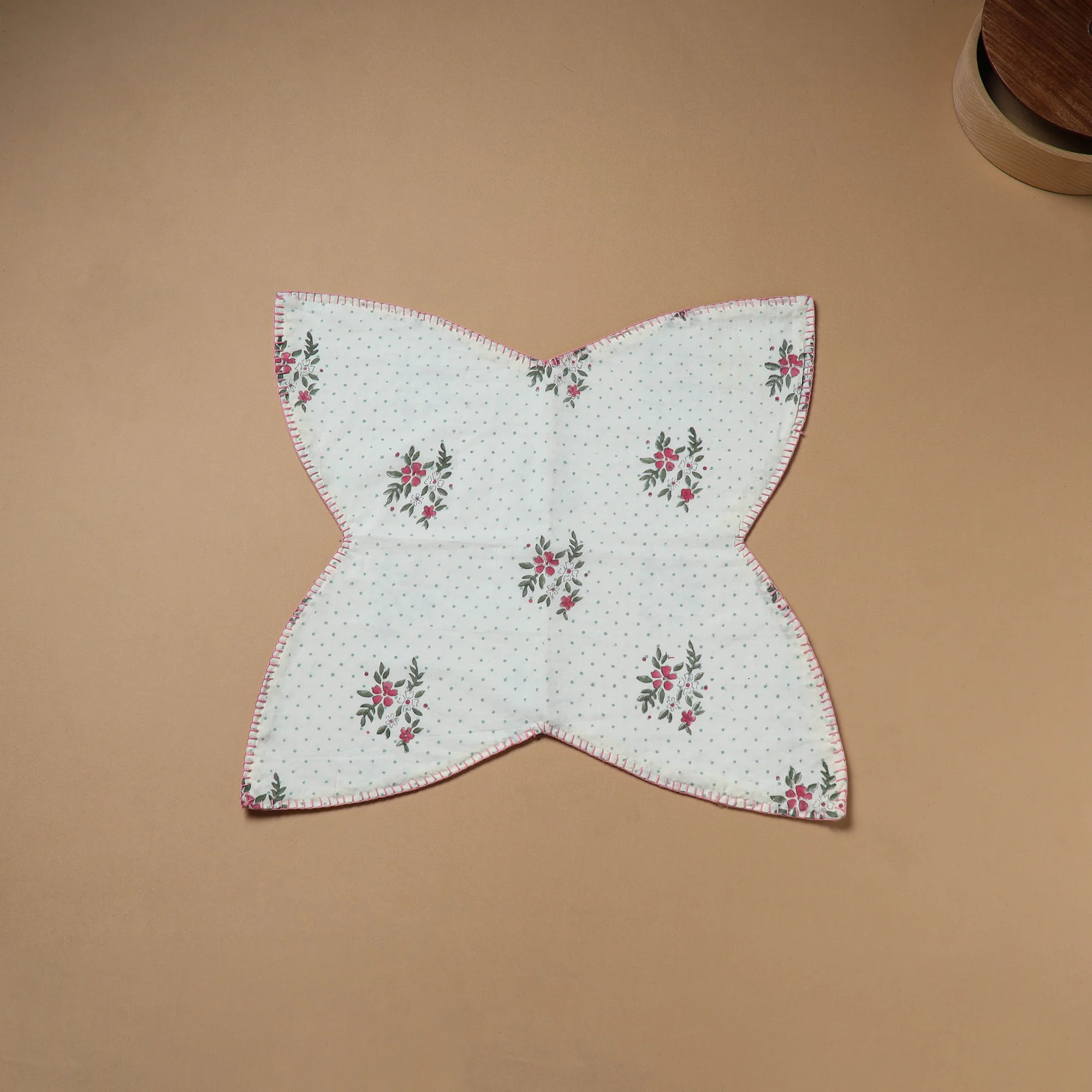 white - Hand Embroidered Floral Block Print Cotton Roti Napkin 25