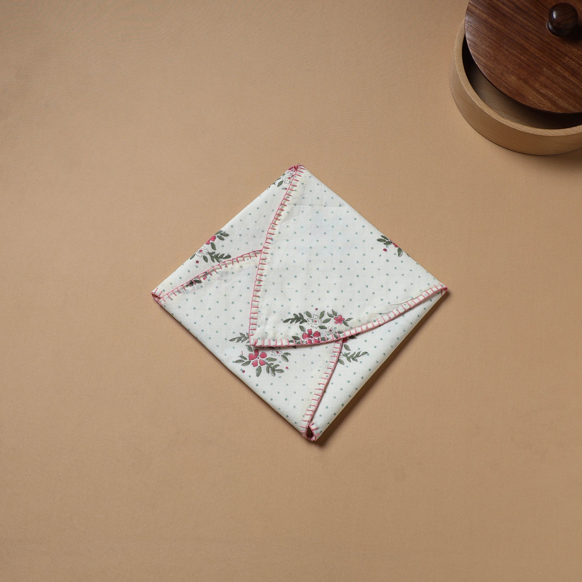 white - Hand Embroidered Floral Block Print Cotton Roti Napkin 25 - Image 3
