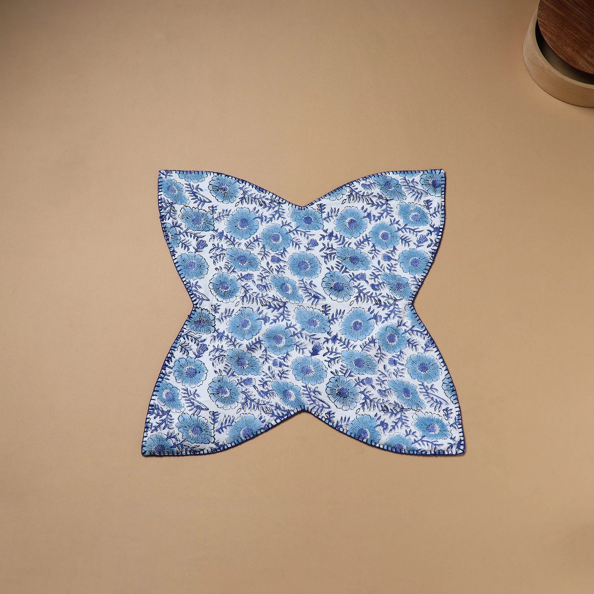 Blue - Hand Embroidered Floral Block Print Cotton Roti Napkin 26