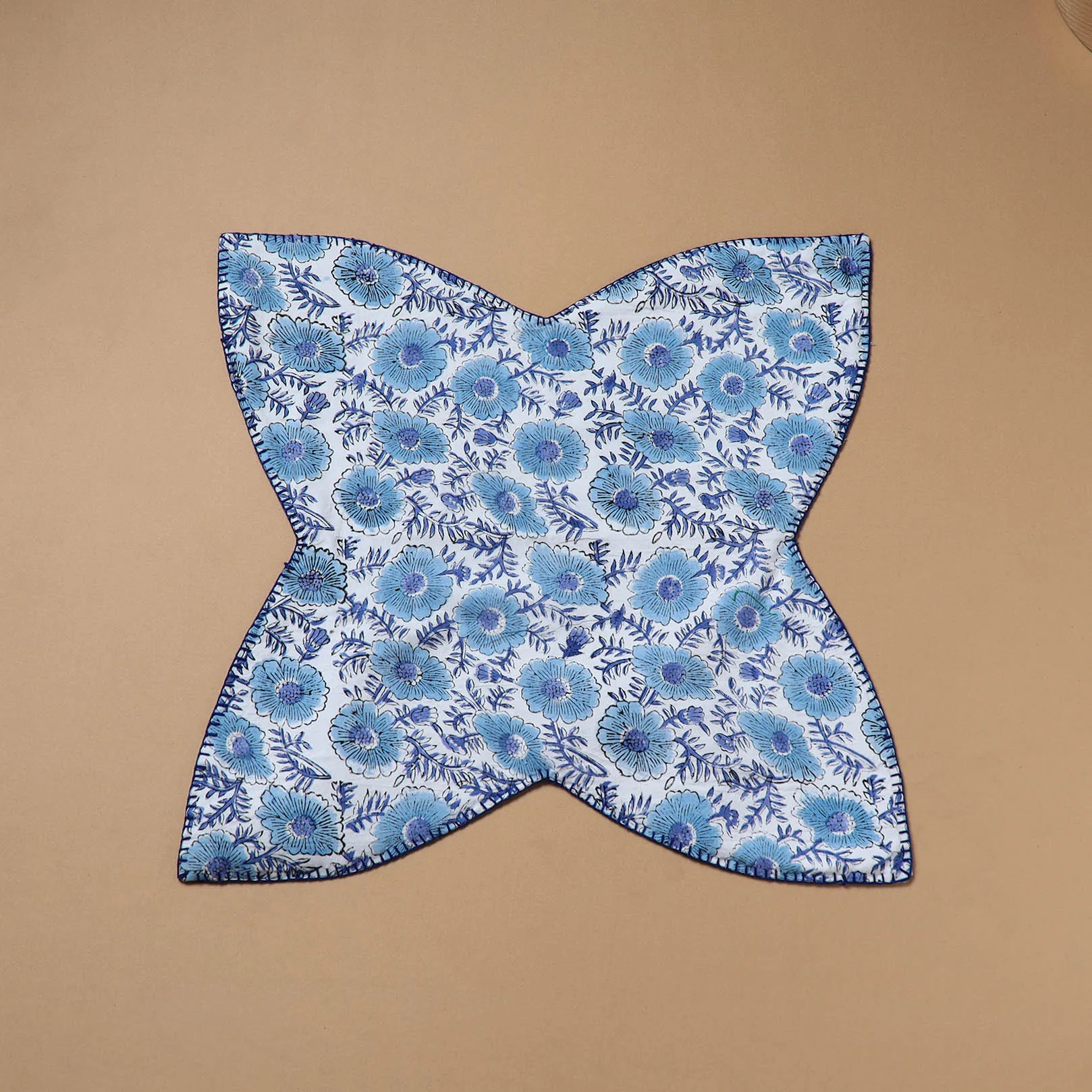 Blue - Hand Embroidered Floral Block Print Cotton Roti Napkin 26 - Image 2