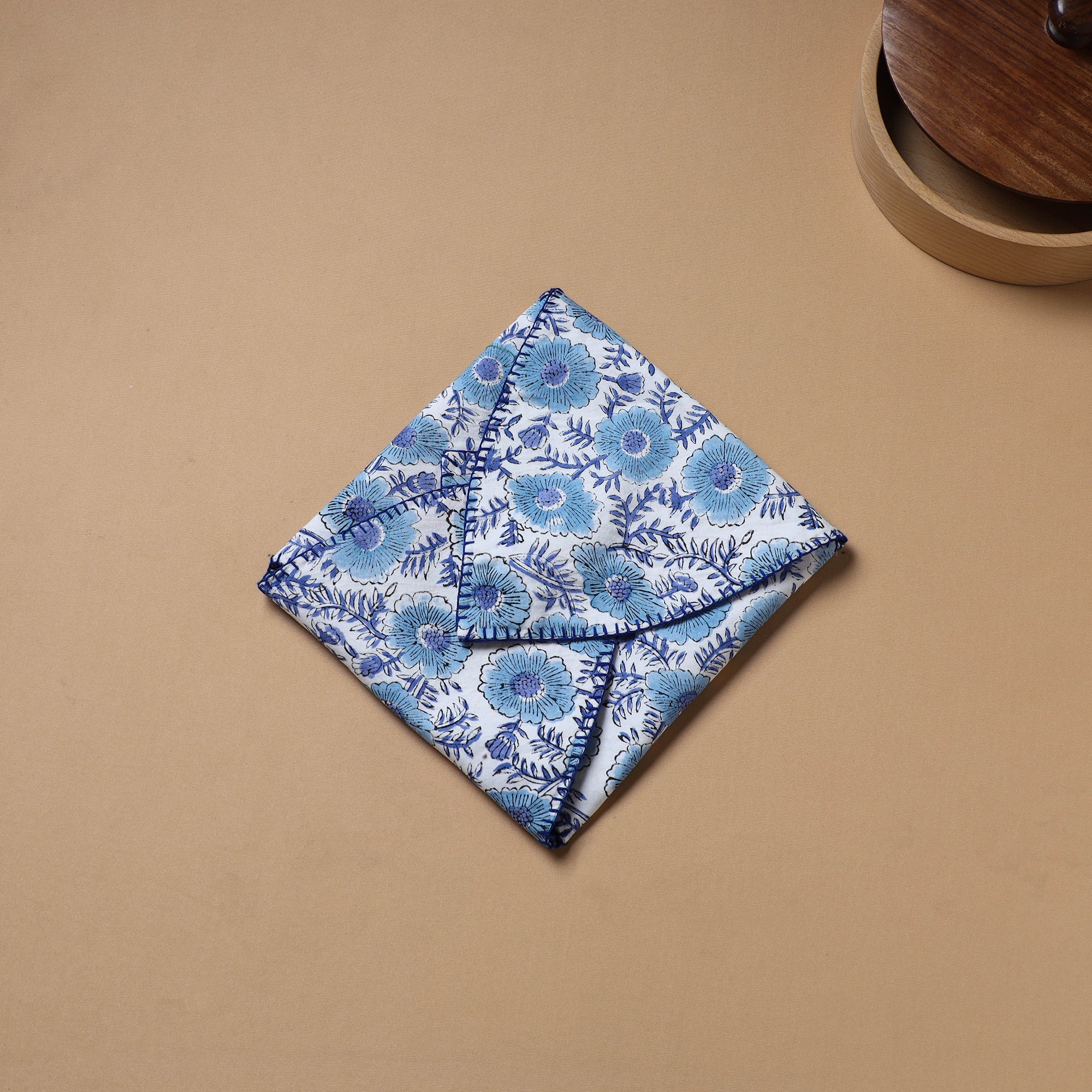 Blue - Hand Embroidered Floral Block Print Cotton Roti Napkin 26 - Image 3
