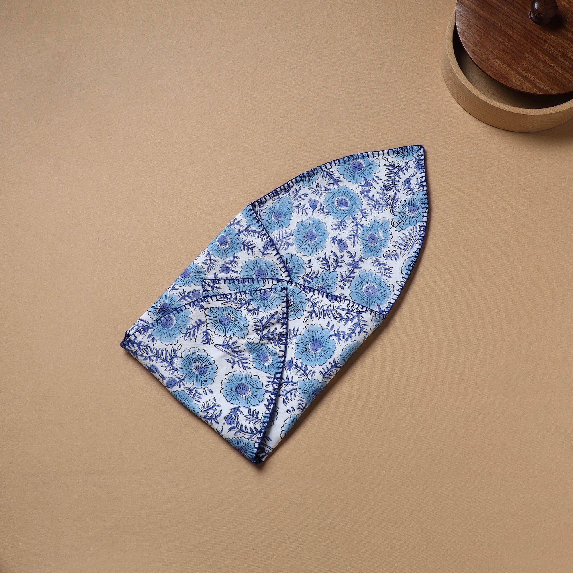 Blue - Hand Embroidered Floral Block Print Cotton Roti Napkin 26 - Image 4