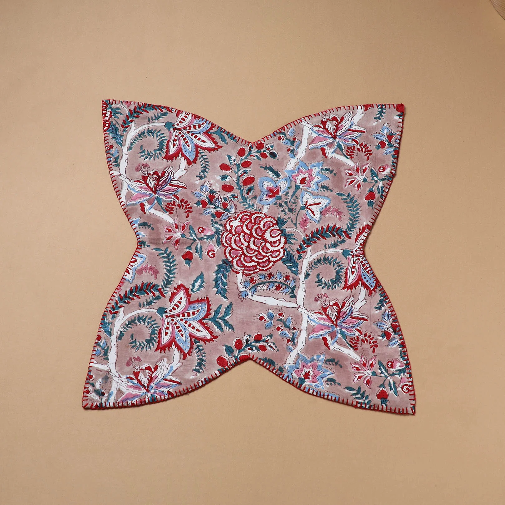 Peach - Hand Embroidered Floral Block Print Cotton Roti Napkin 27 - Image 2