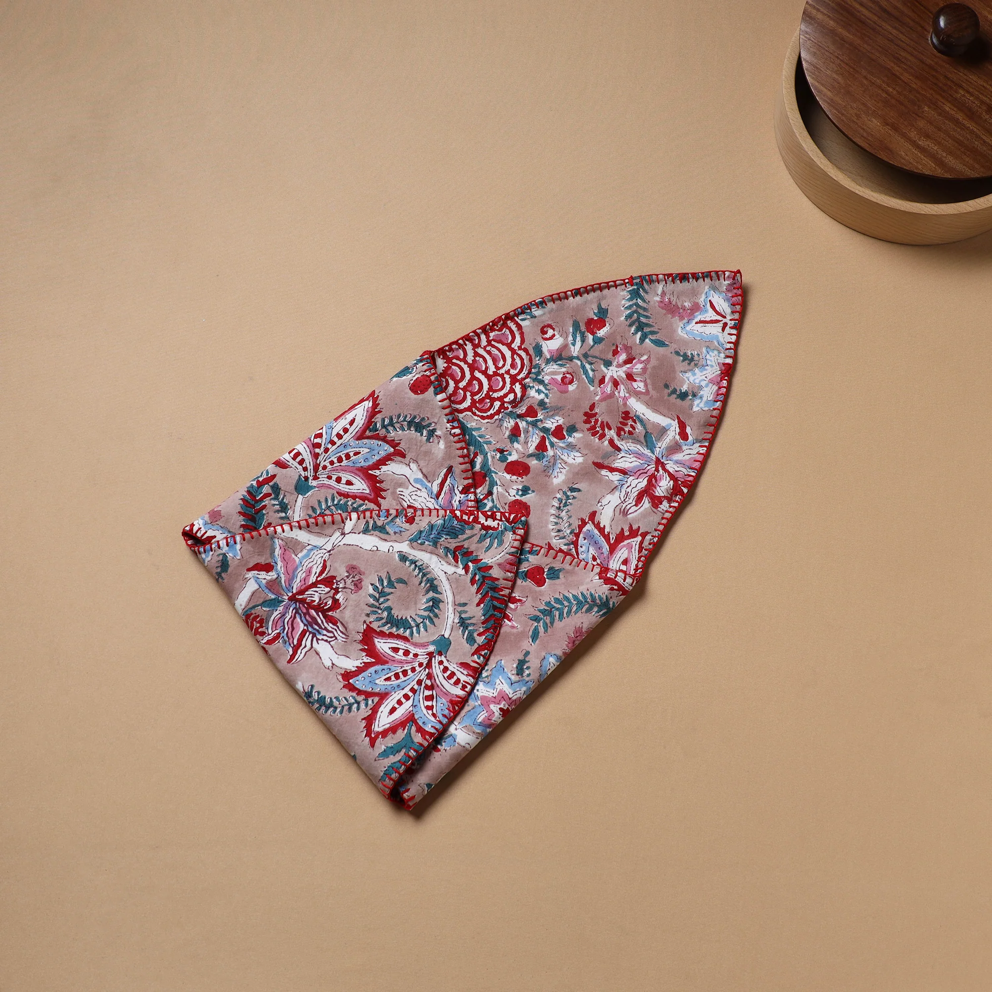 Peach - Hand Embroidered Floral Block Print Cotton Roti Napkin 27 - Image 4