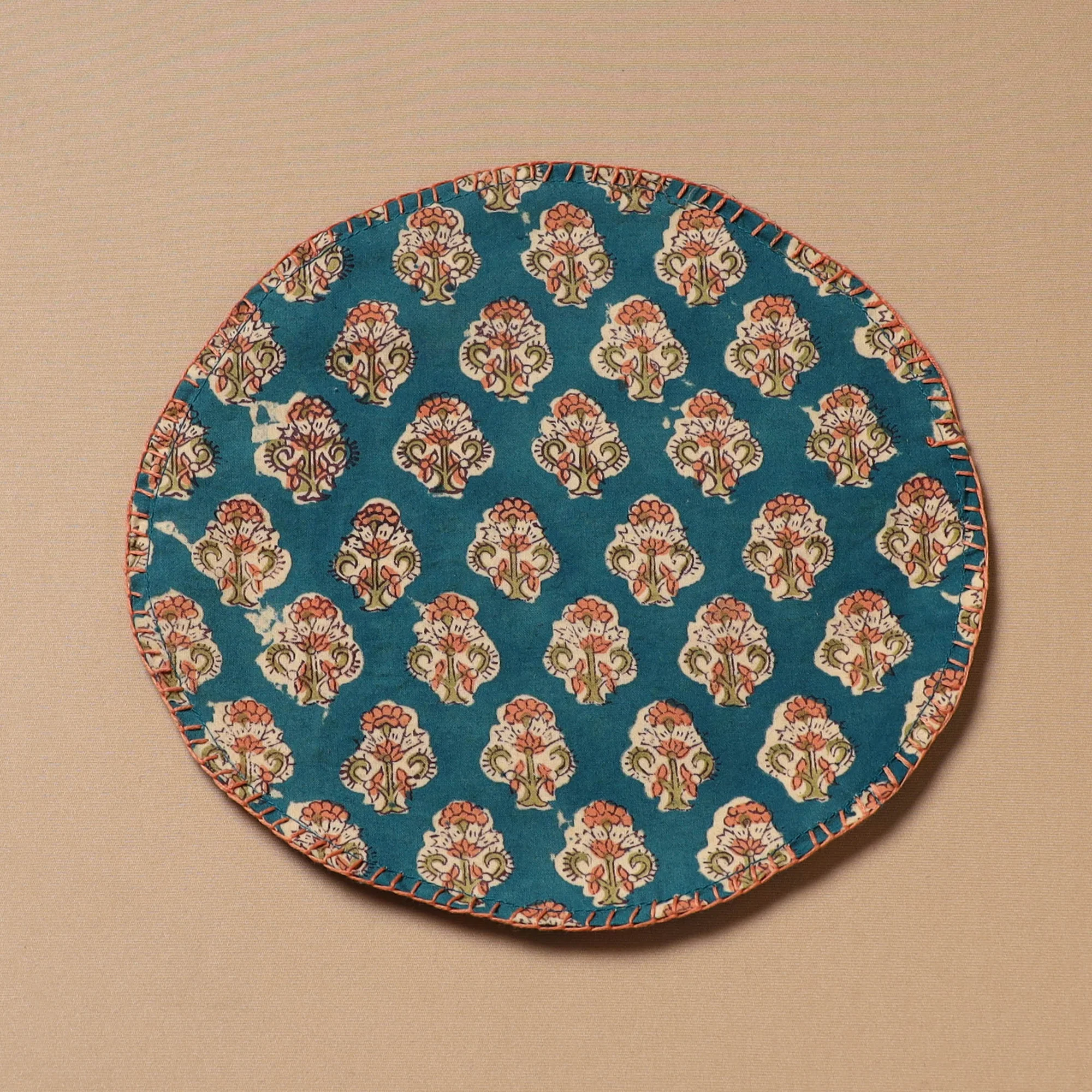 Blue - Hand Embroidered Floral Block Print Cotton Round Roti Napkin 01 - Image 2
