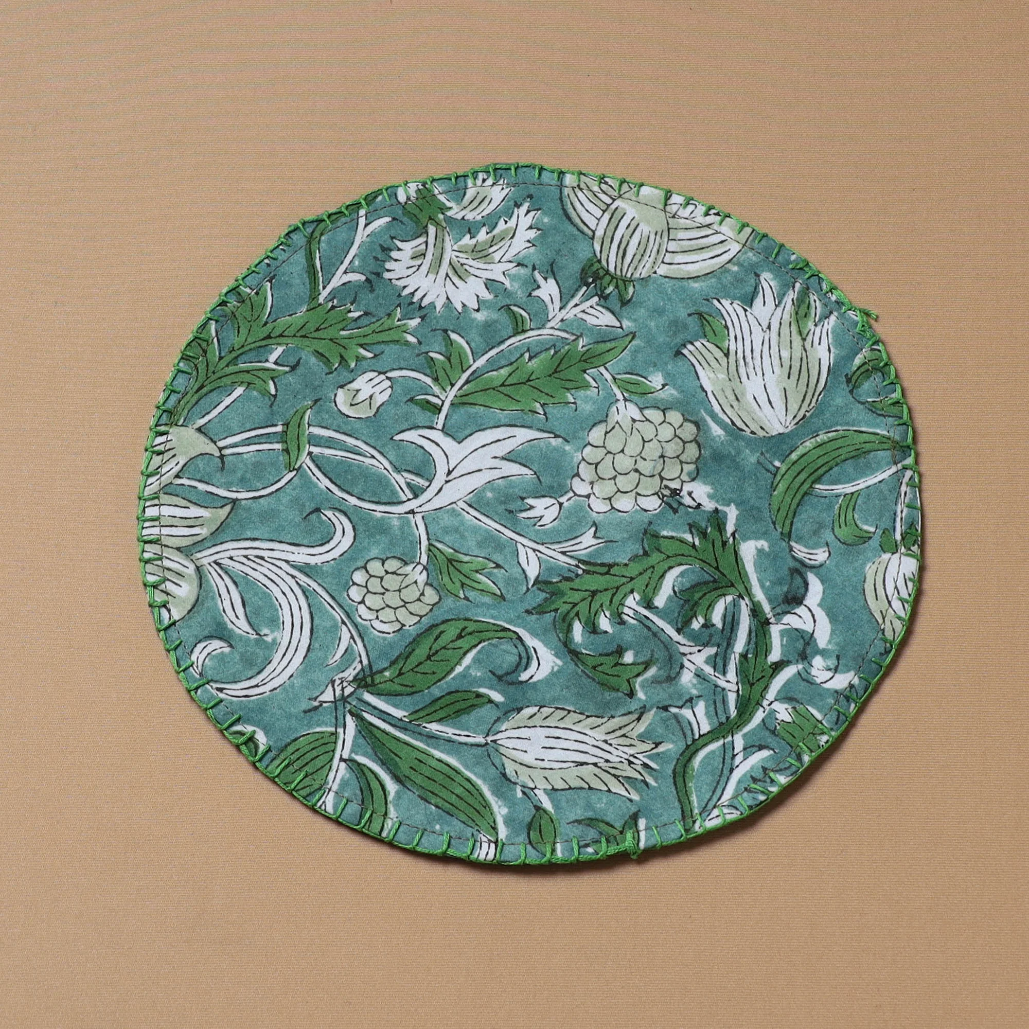 Blue - Hand Embroidered Floral Block Print Cotton Round Roti Napkin 03 - Image 2