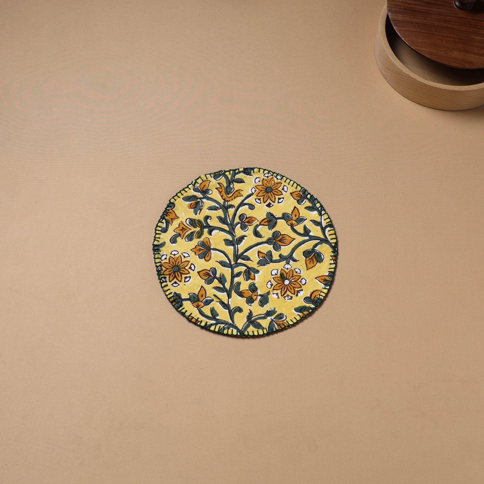 Yellow - Hand Embroidered Floral Block Print Cotton Round Roti Napkin 04