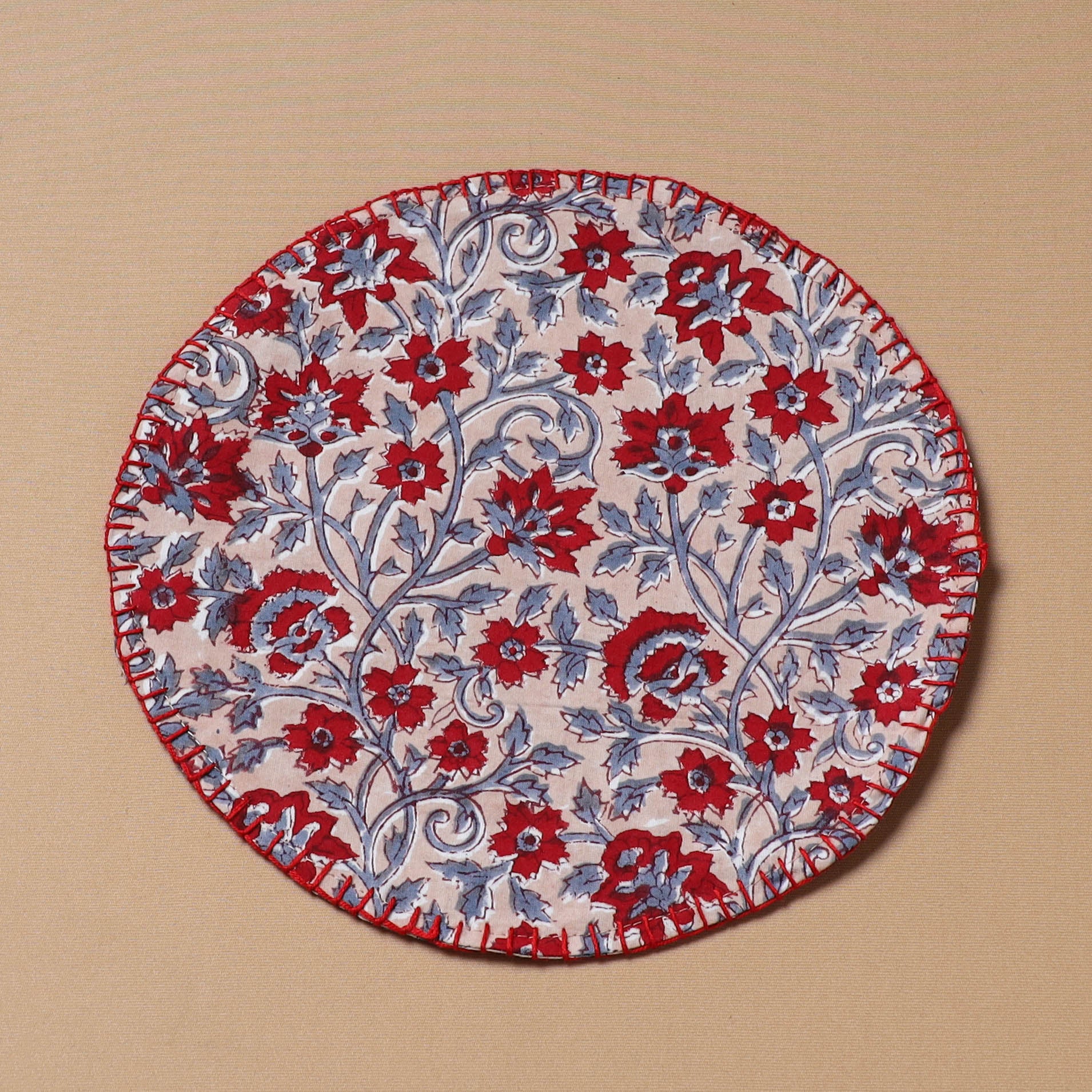 Maroon - Hand Embroidered Floral Block Print Cotton Round Roti Napkin 05 - Image 2