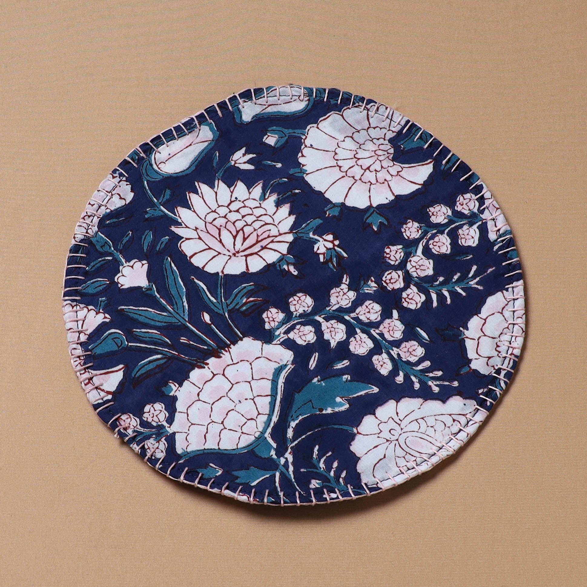 Blue - Hand Embroidered Floral Block Print Cotton Round Roti Napkin 06 - Image 2