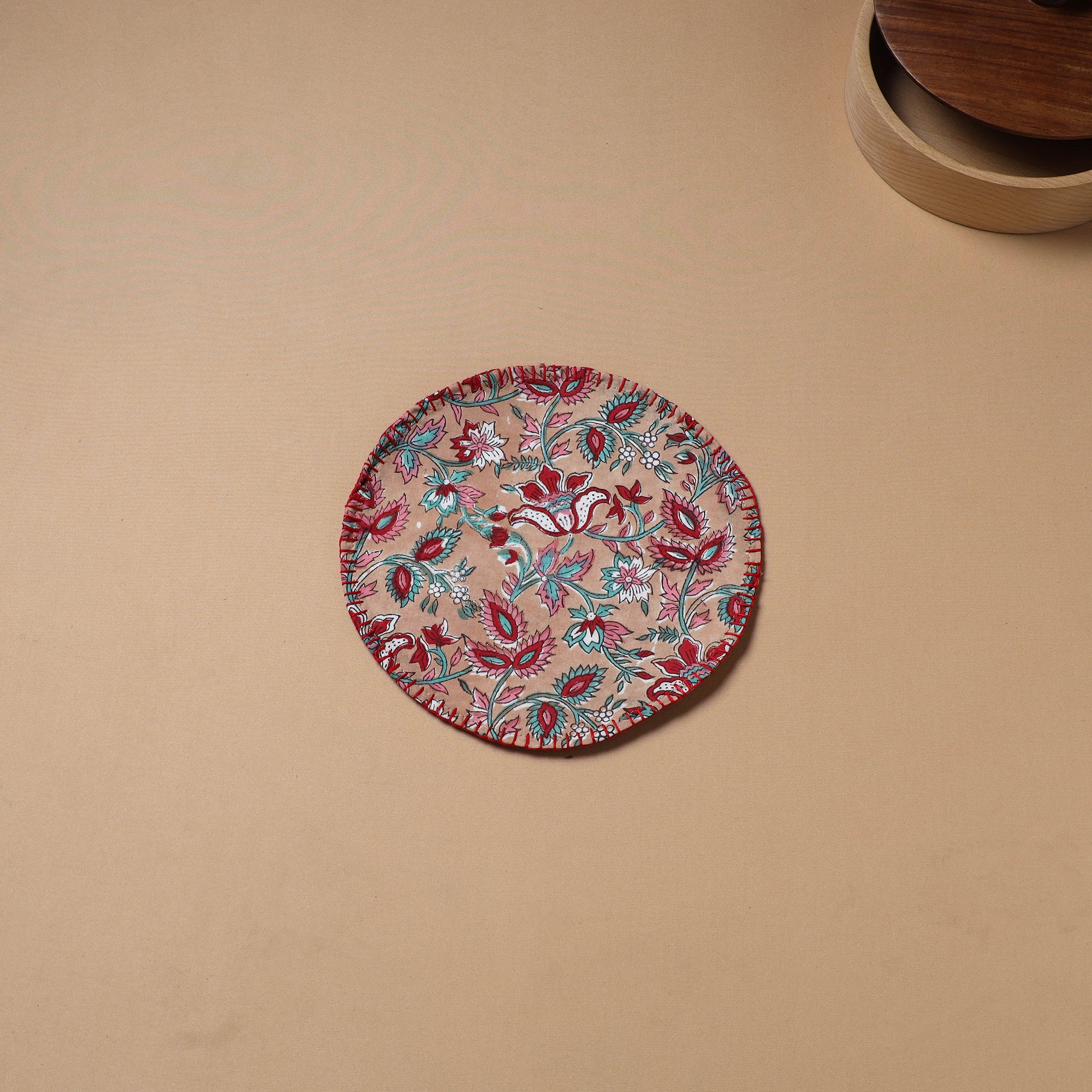 Peach - Hand Embroidered Floral Block Print Cotton Round Roti Napkin 07