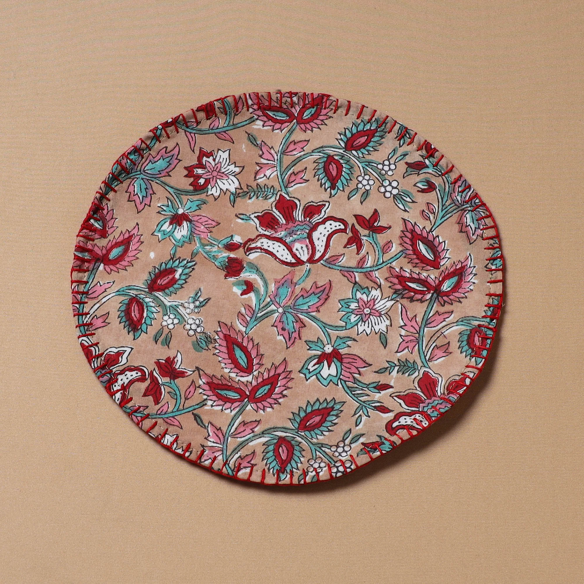 Peach - Hand Embroidered Floral Block Print Cotton Round Roti Napkin 07 - Image 2