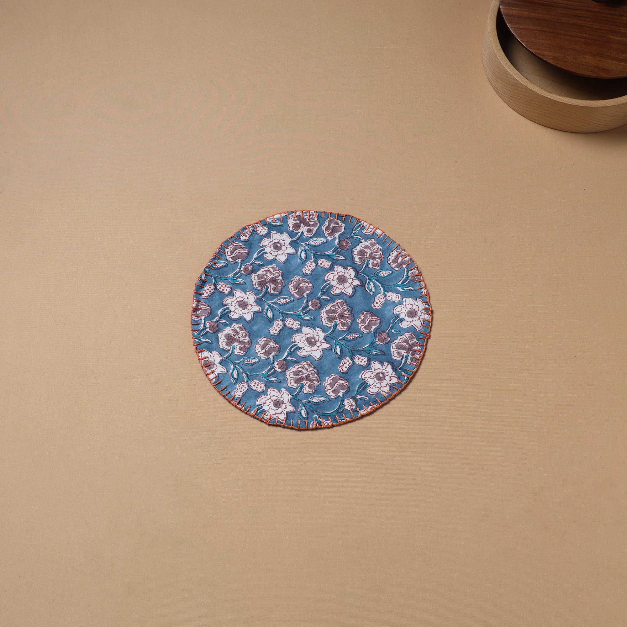 Blue - Hand Embroidered Floral Block Print Cotton Round Roti Napkin 09