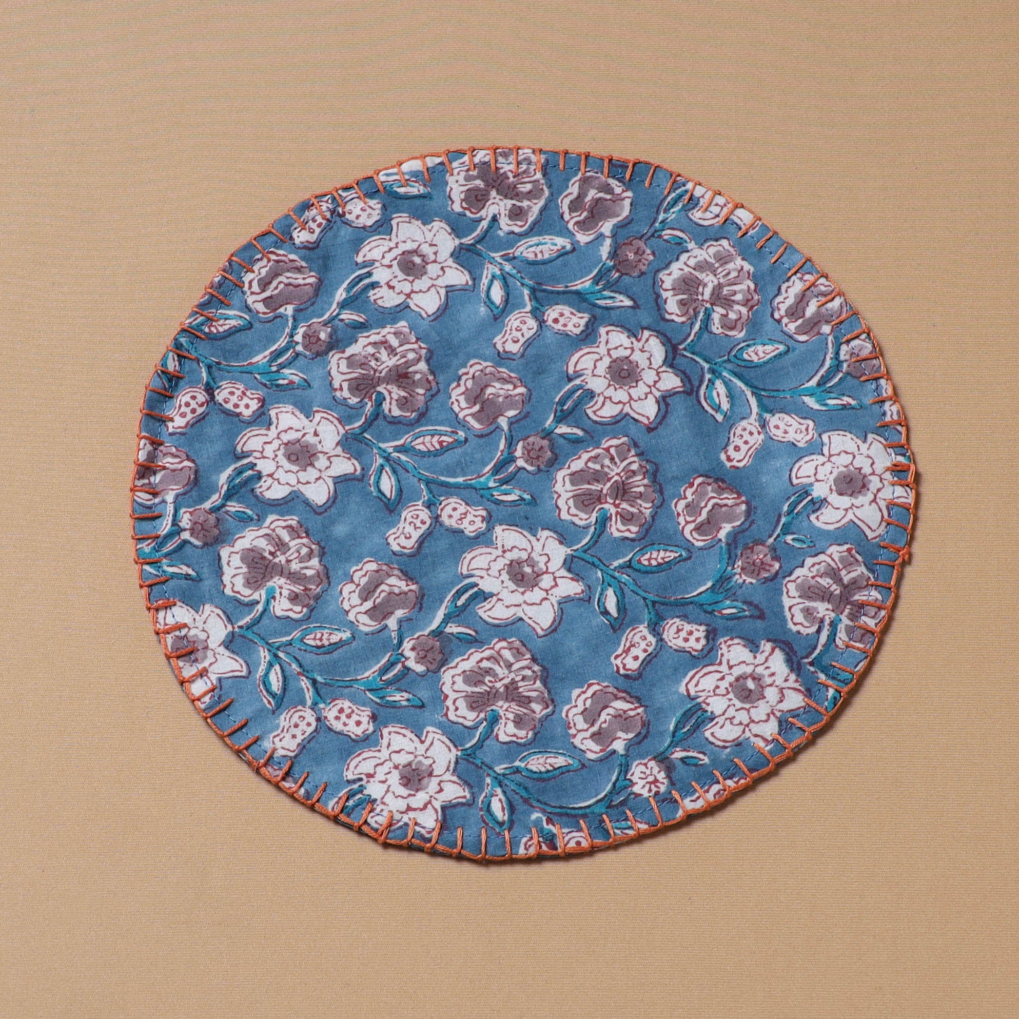 Blue - Hand Embroidered Floral Block Print Cotton Round Roti Napkin 09 - Image 2