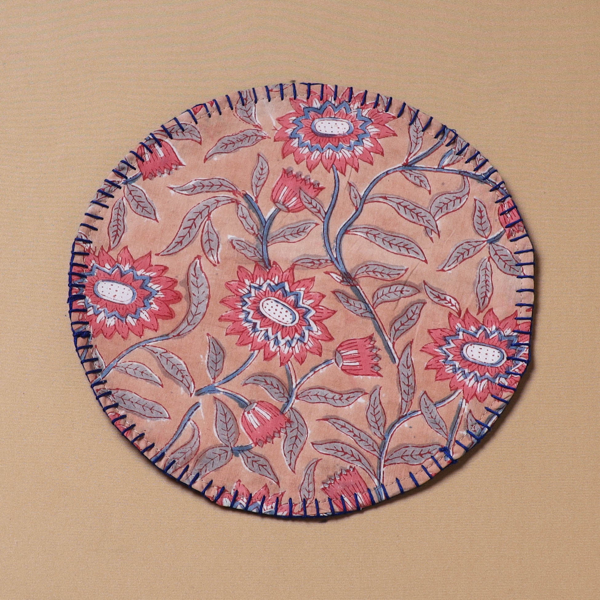 Peach - Hand Embroidered Floral Block Print Cotton Round Roti Napkin 10 - Image 2